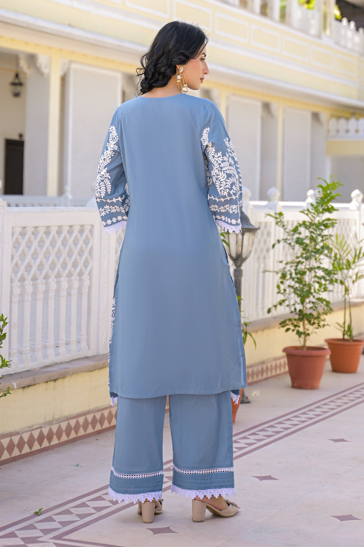Blue Cotton Embroidered Suit Set