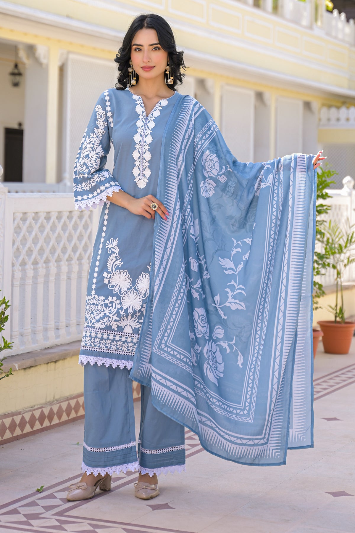 Blue Cotton Embroidered Suit Set