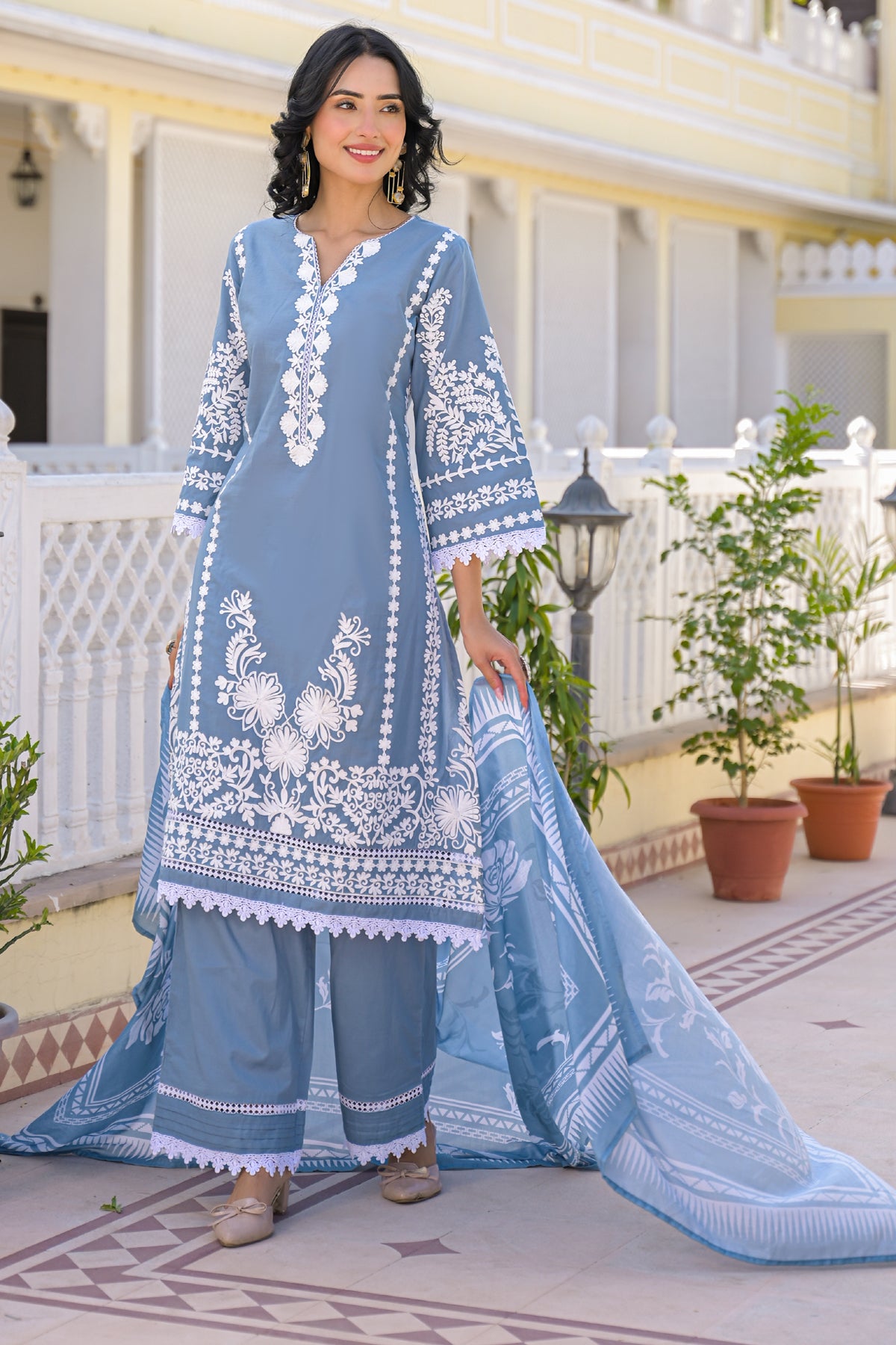 Blue Cotton Embroidered Suit Set