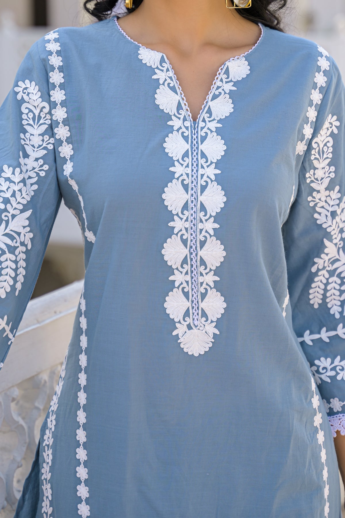 Blue Cotton Embroidered Suit Set