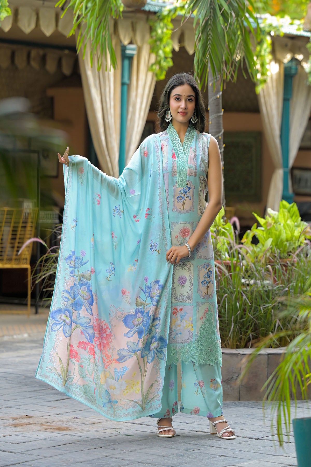 Sea Green Cotton Embroidered Straight-Cut Suit