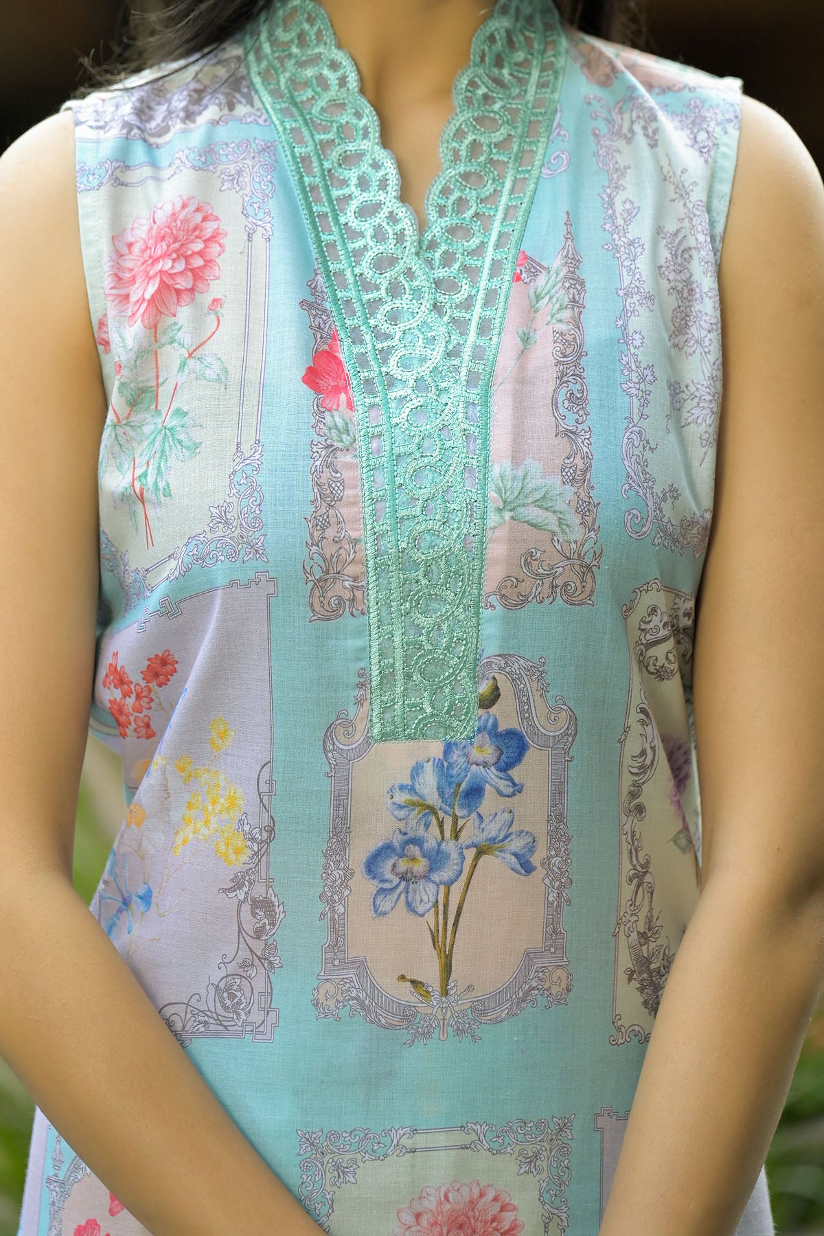 Sea Green Cotton Embroidered Straight-Cut Suit
