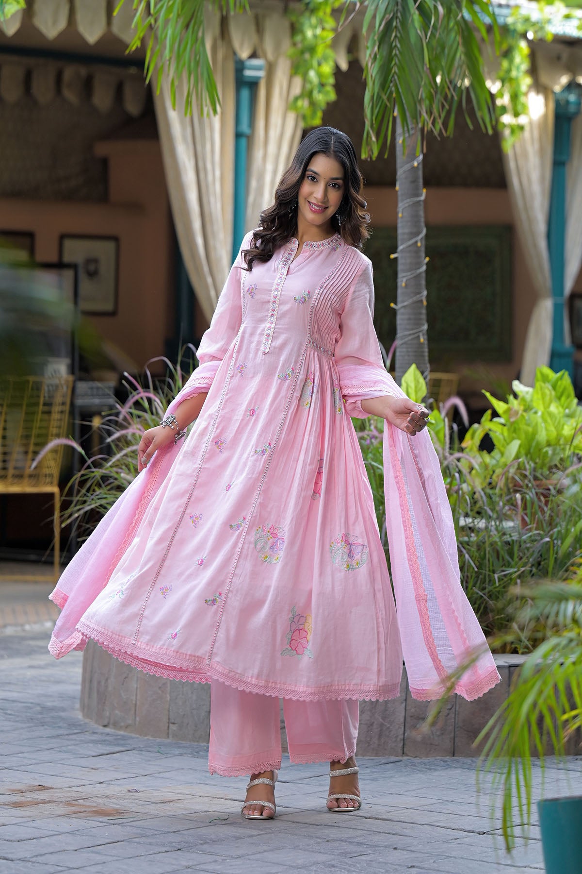 Pink Cotton Embroidered Anarkali Suit