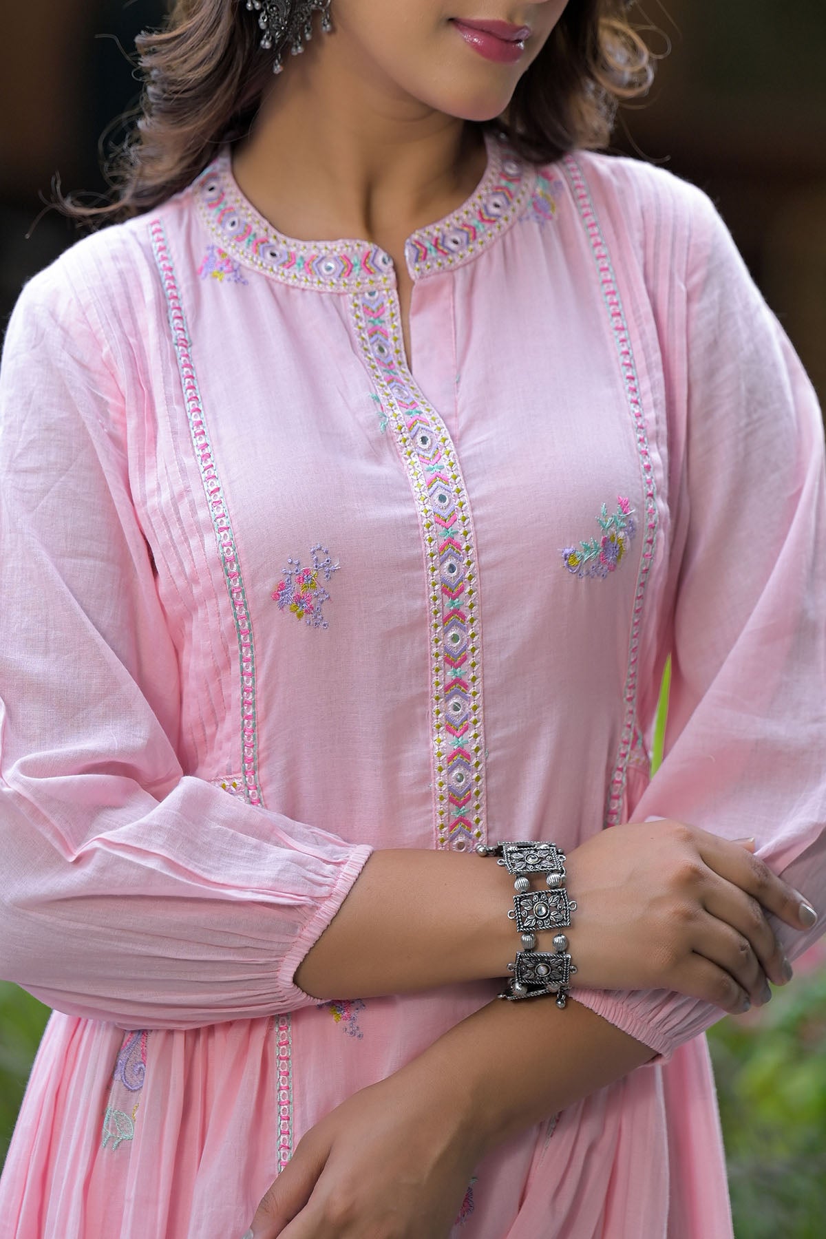 Pink Cotton Embroidered Anarkali Suit