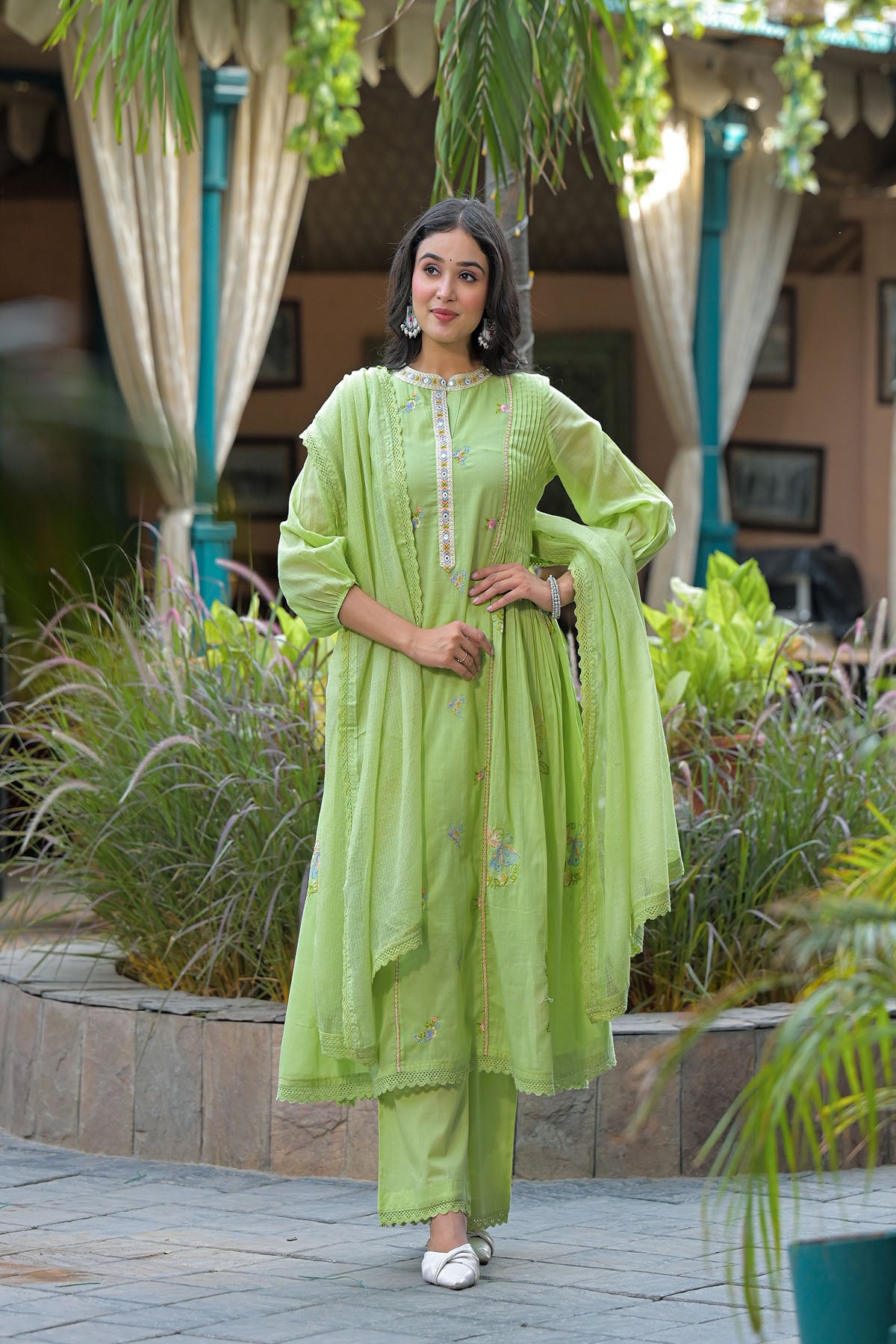 Green Cotton Embroidered Anarkali Suit
