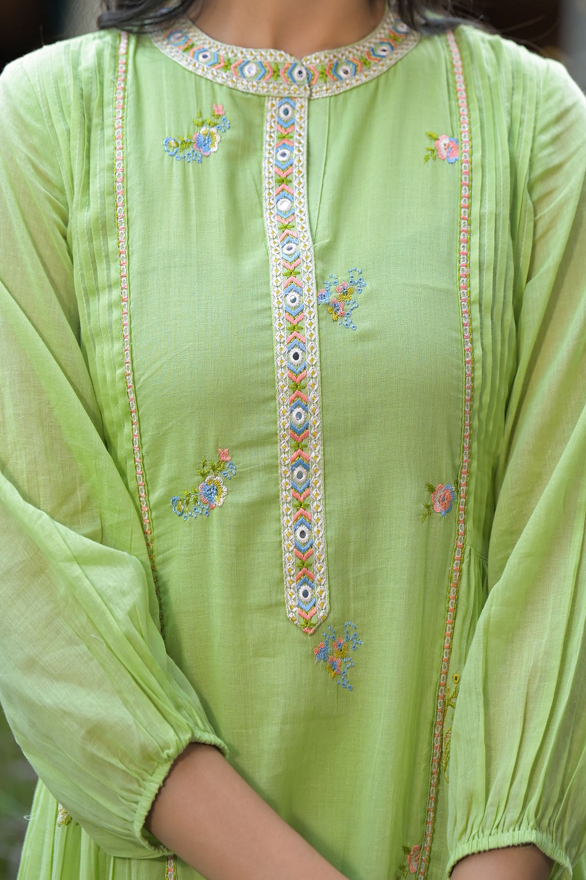 Green Cotton Embroidered Anarkali Suit
