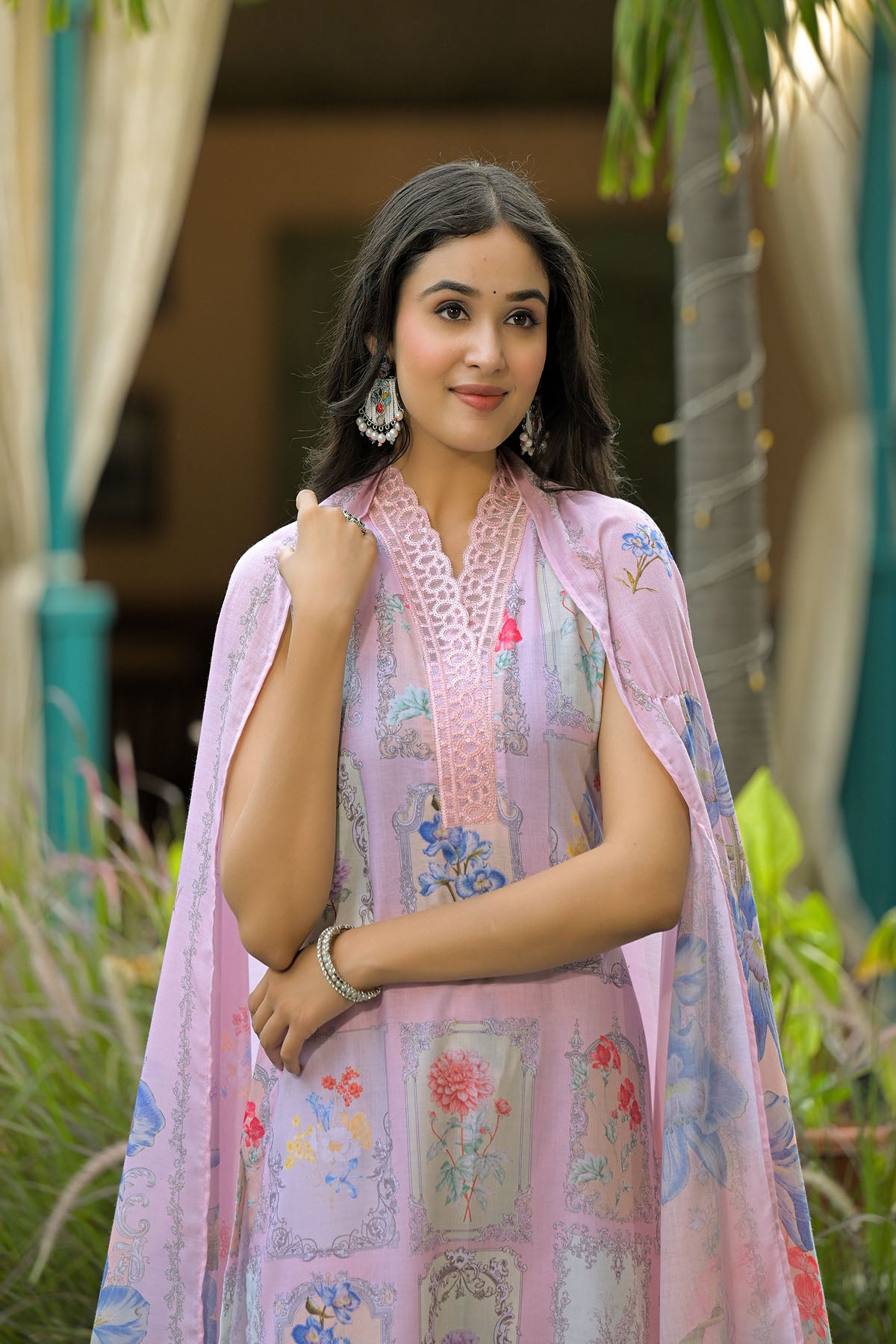 Pink Cotton Embroidered Straight-Cut Suit