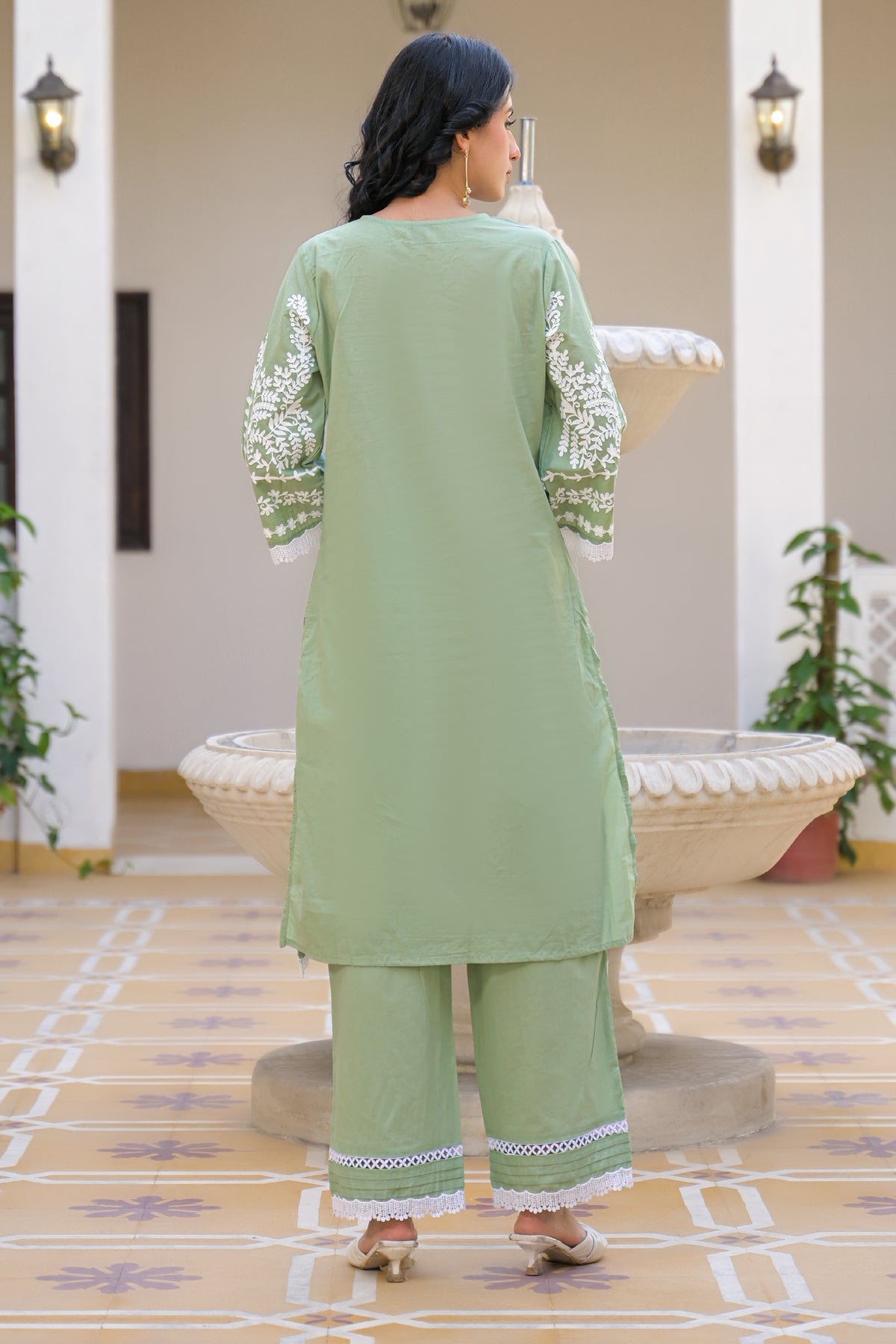 Green Cotton Embroidered Suit Set