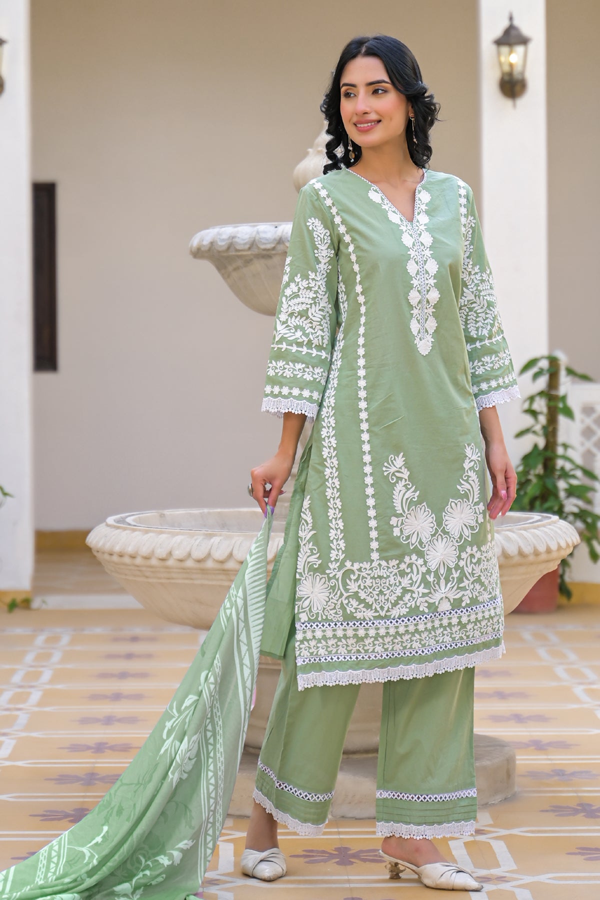 Green Cotton Embroidered Suit Set