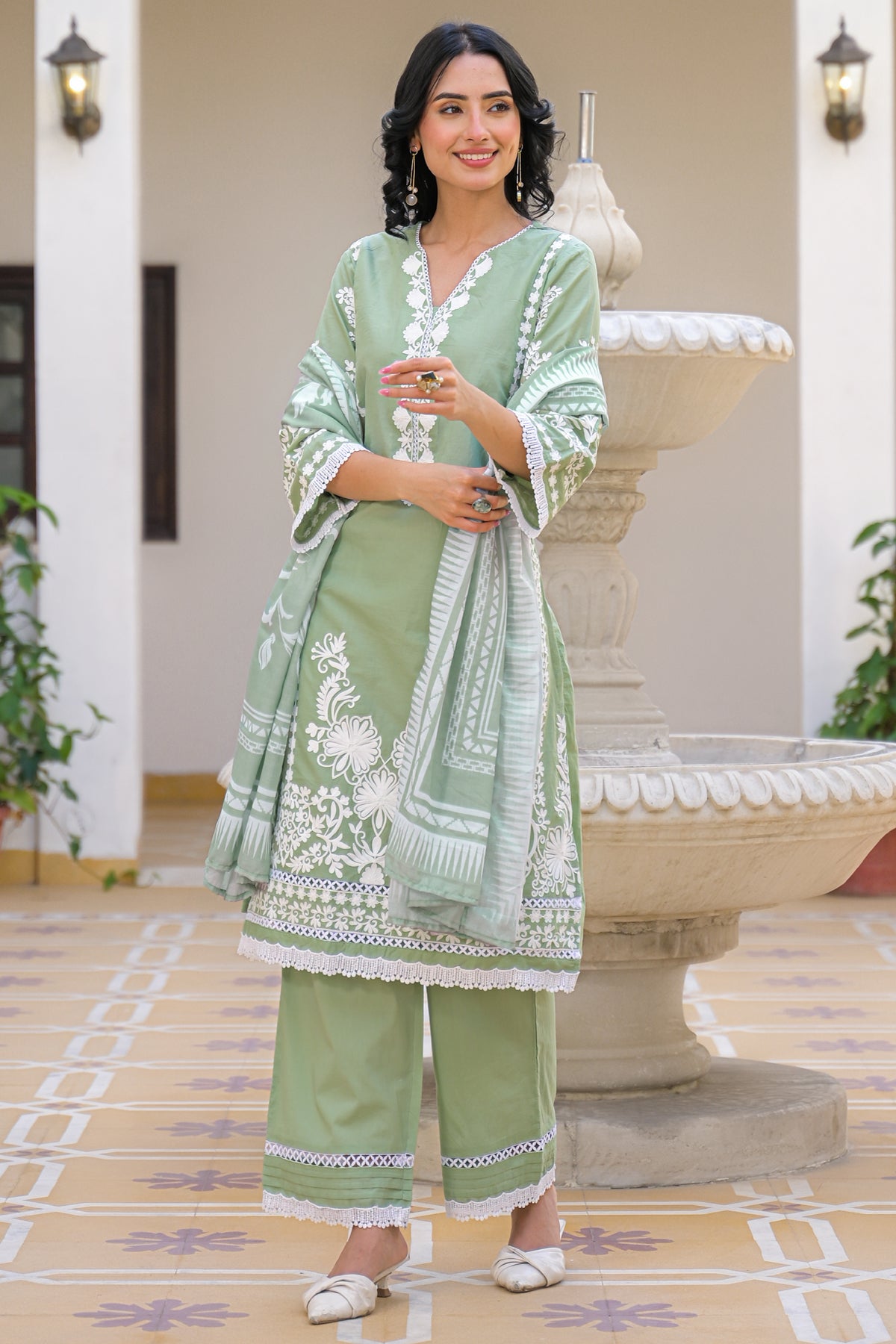 Green Cotton Embroidered Suit Set