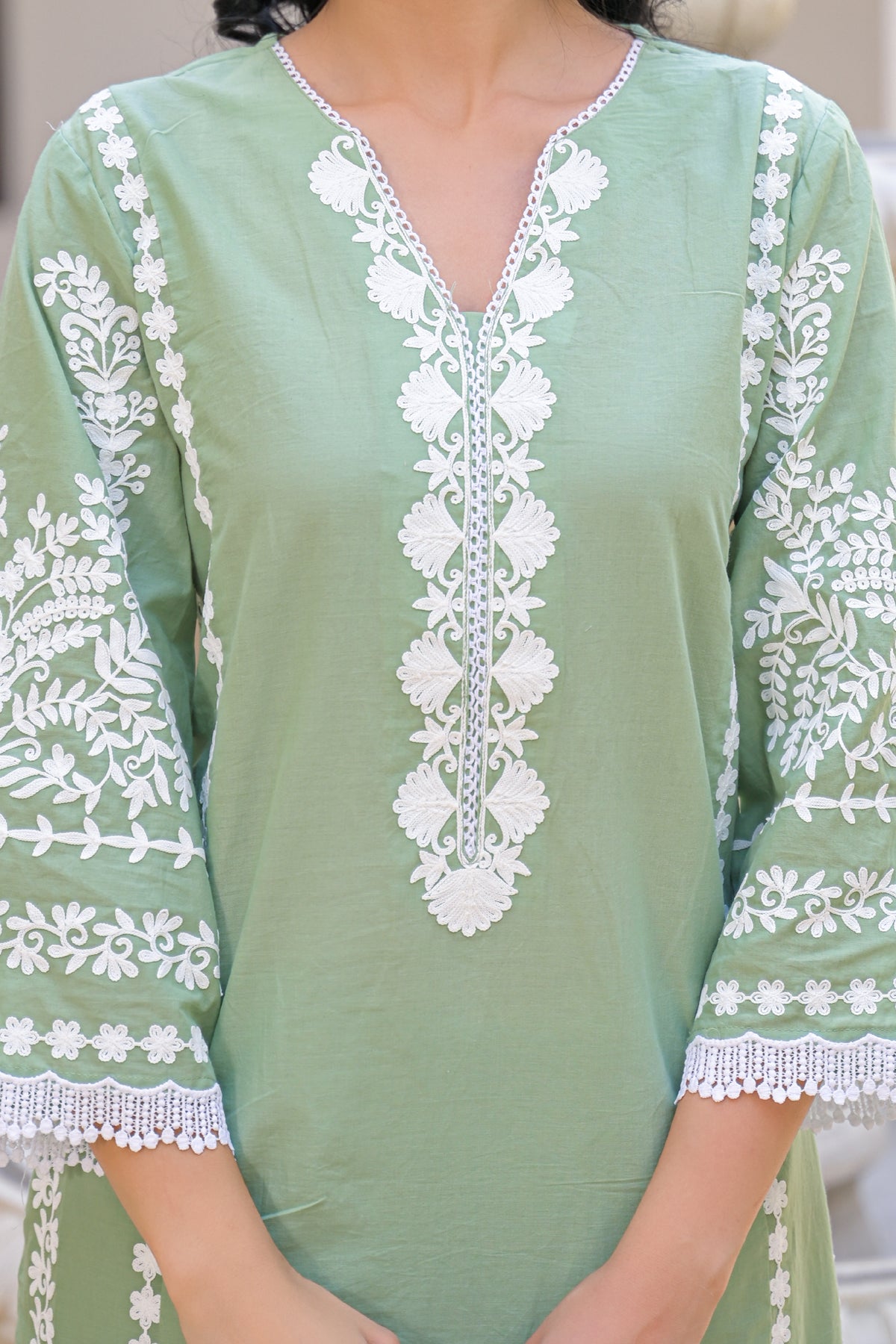 Green Cotton Embroidered Suit Set