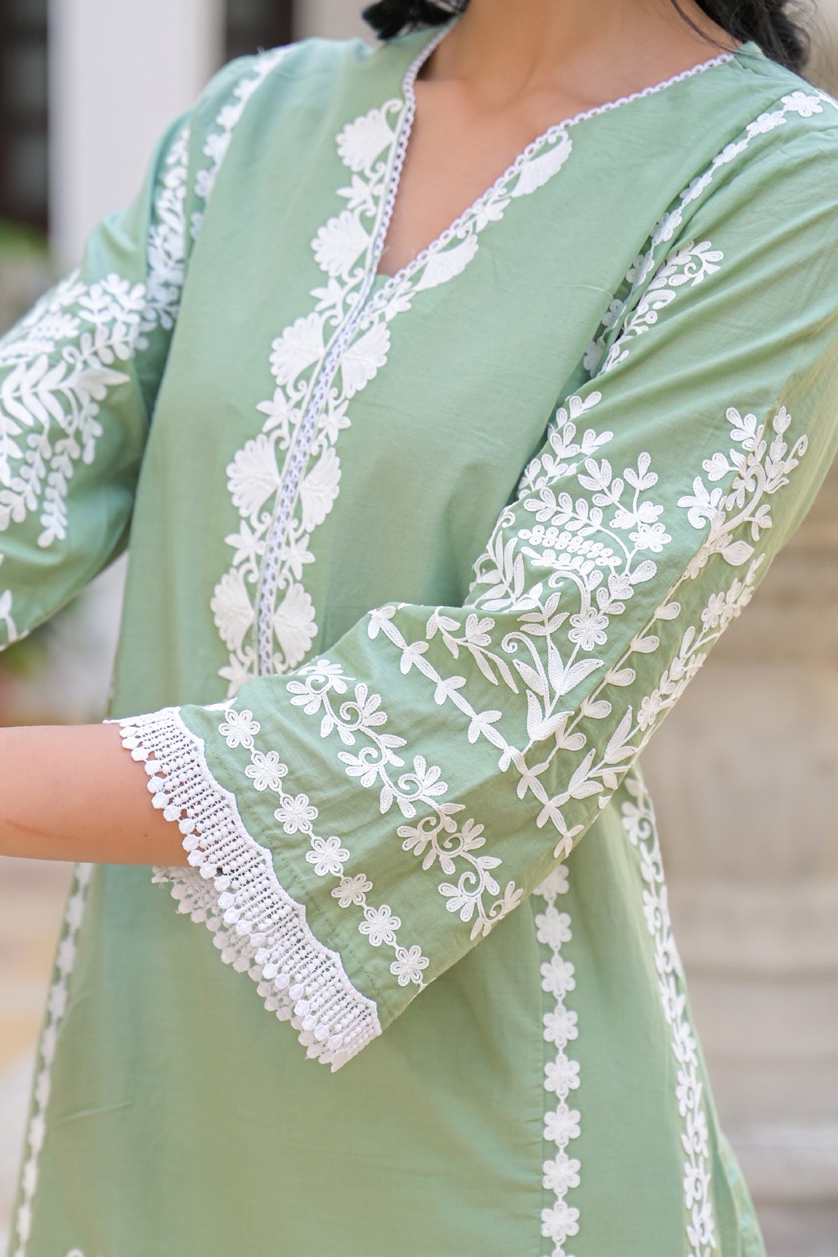Green Cotton Embroidered Suit Set