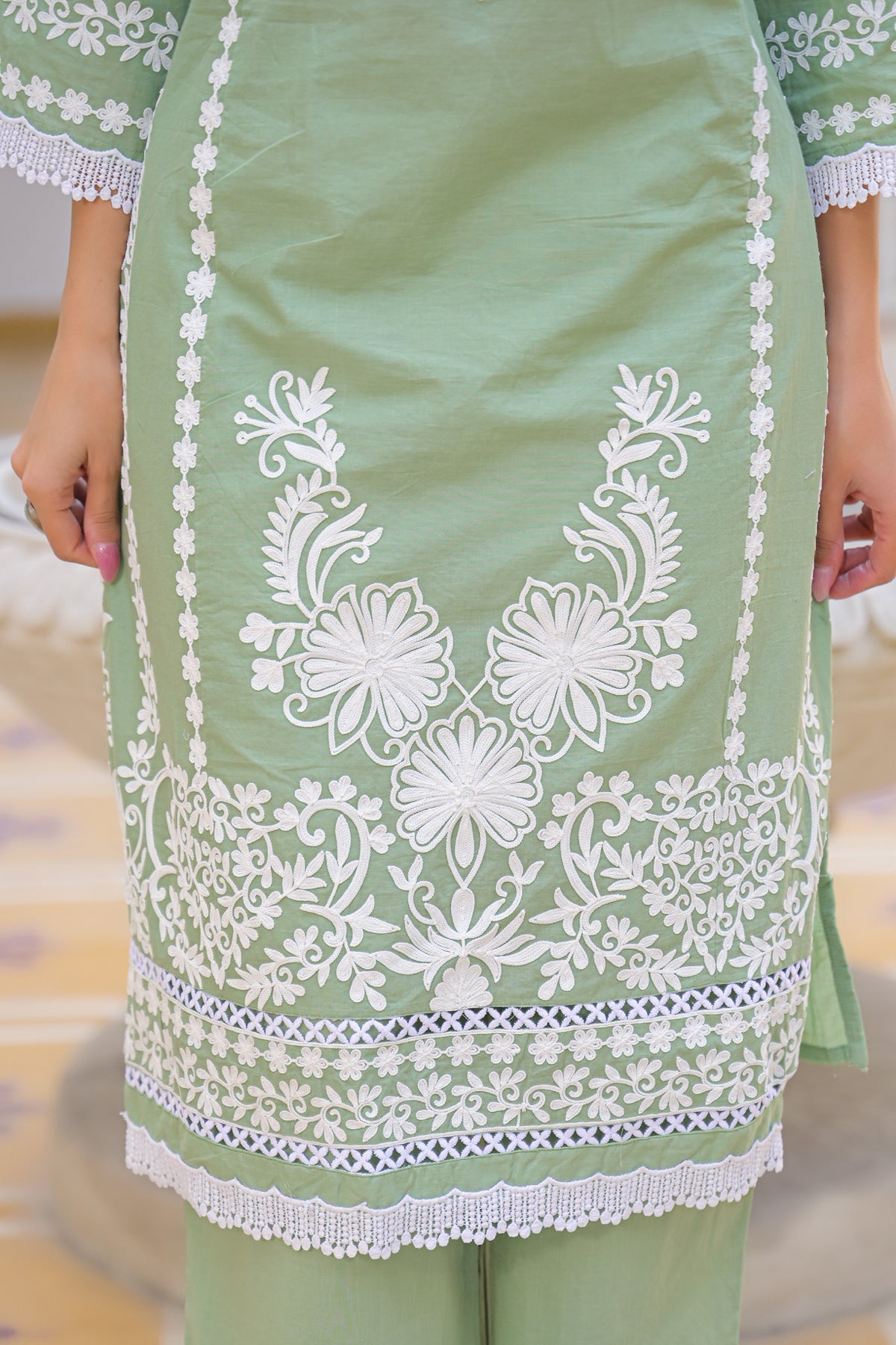 Green Cotton Embroidered Suit Set
