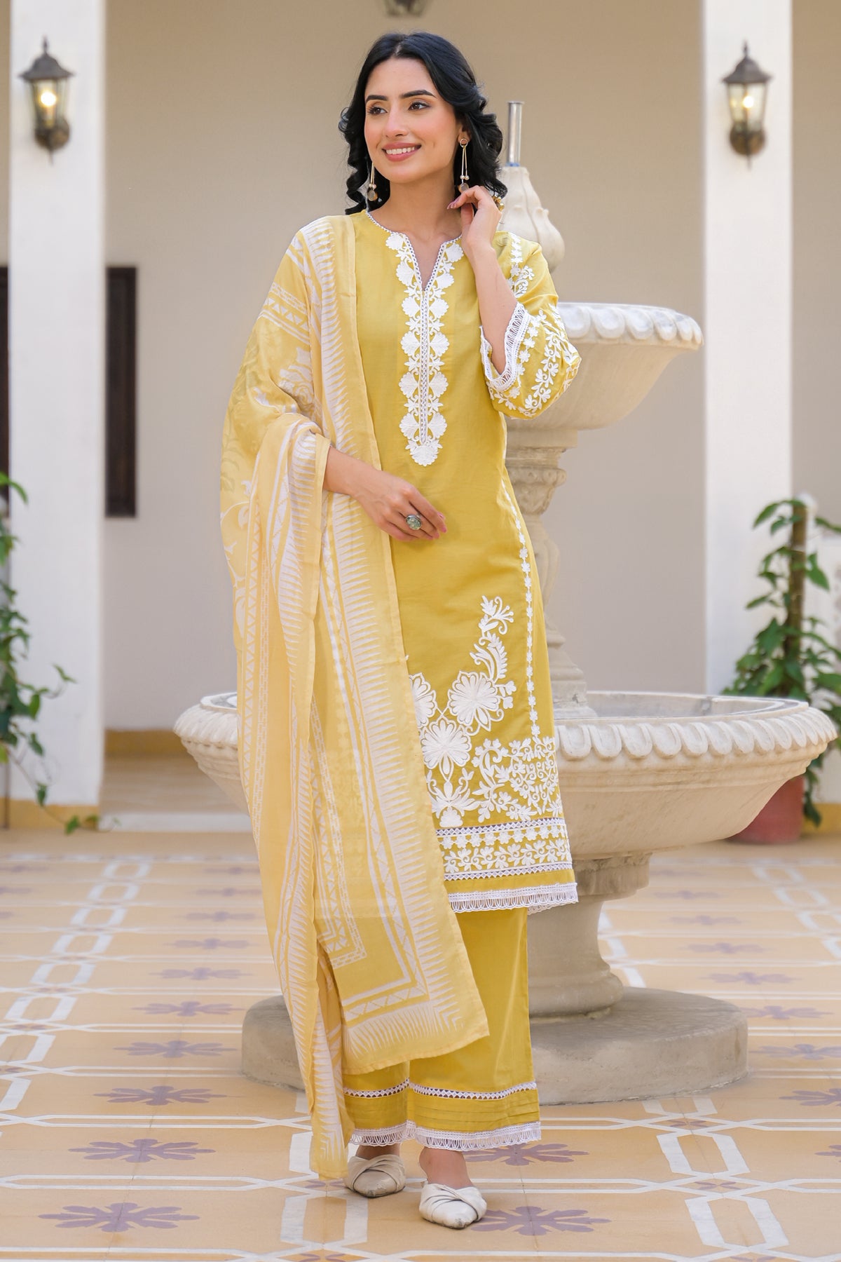 Yellow Cotton Embroidered Suit Set