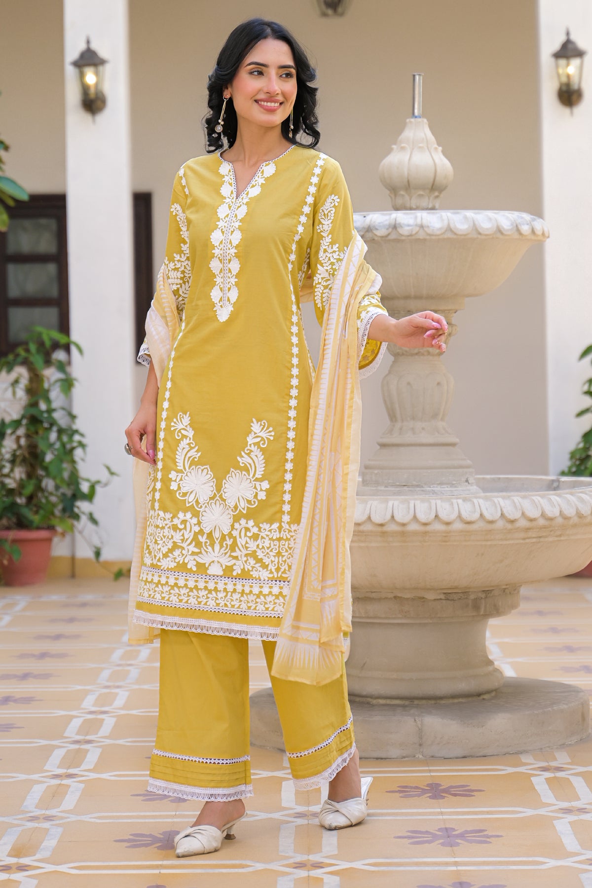 Yellow Cotton Embroidered Suit Set