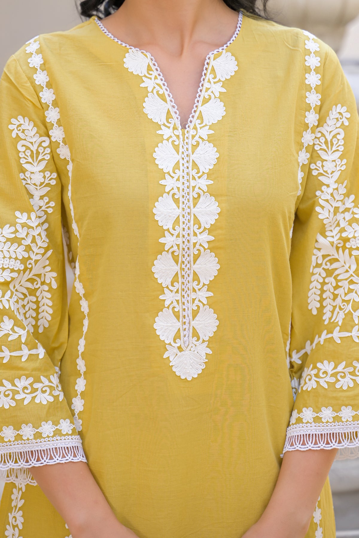 Yellow Cotton Embroidered Suit Set
