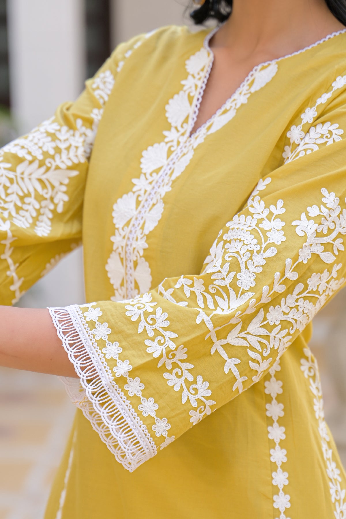 Yellow Cotton Embroidered Suit Set