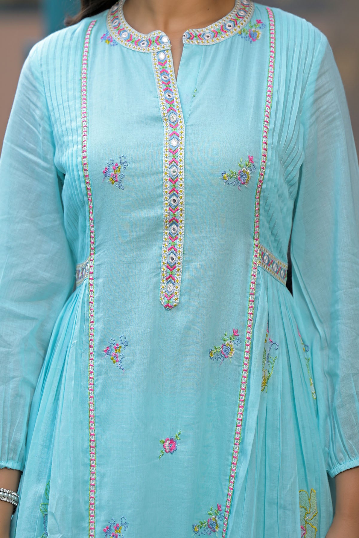 Sky Blue Cotton Embroidered Anarkali Suit