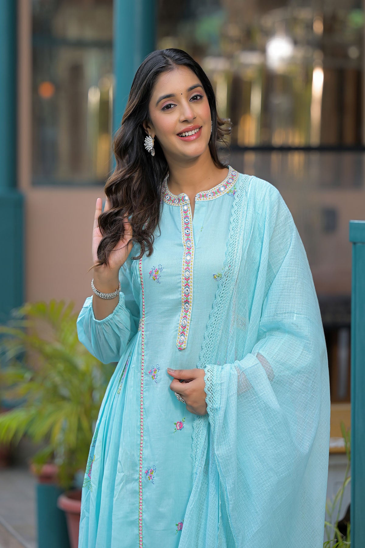 Sky Blue Cotton Embroidered Anarkali Suit