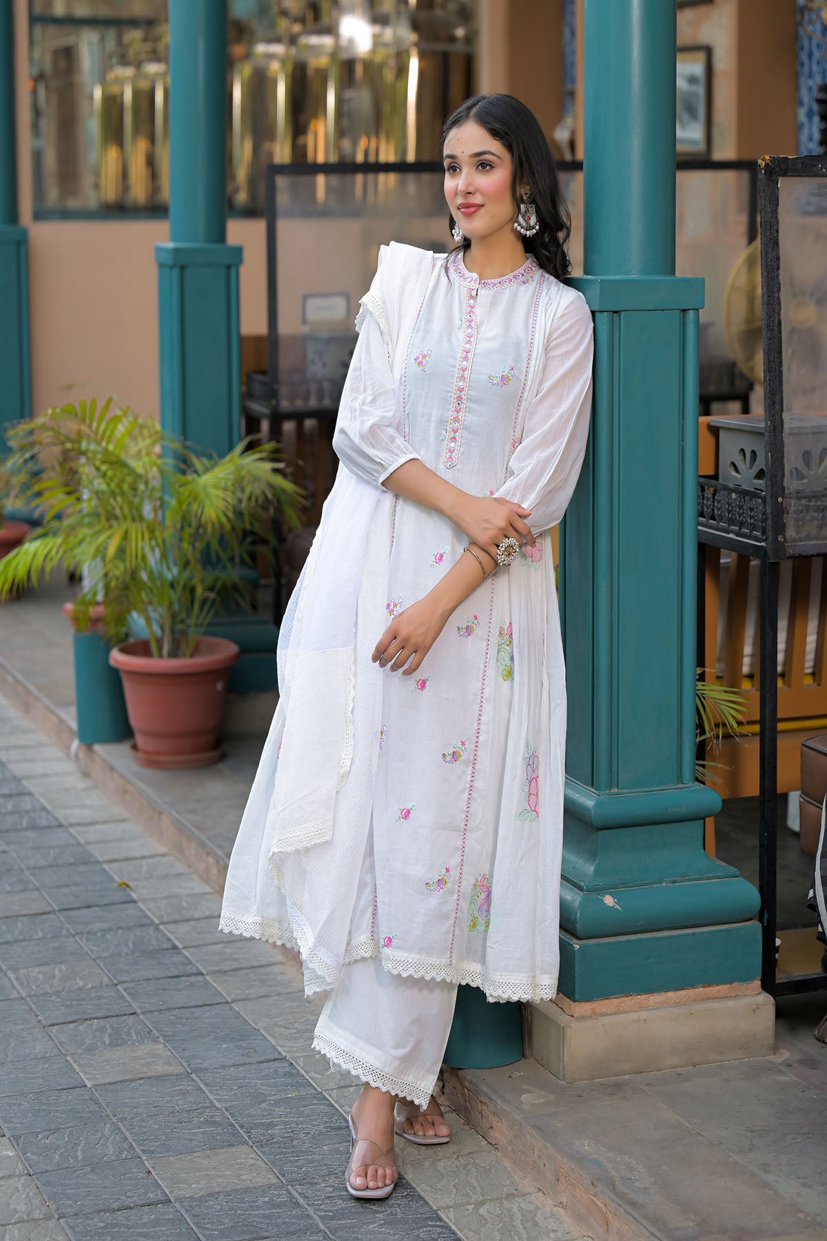 White Cotton Embroidered Anarkali Suit