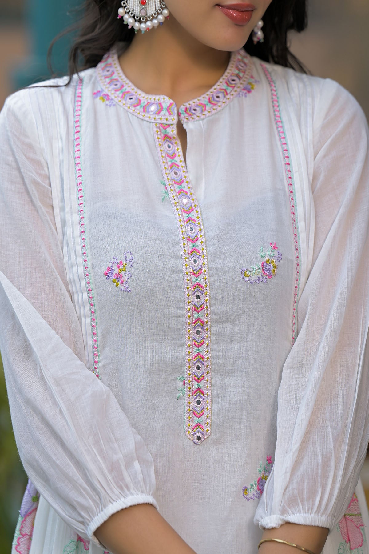 White Cotton Embroidered Anarkali Suit