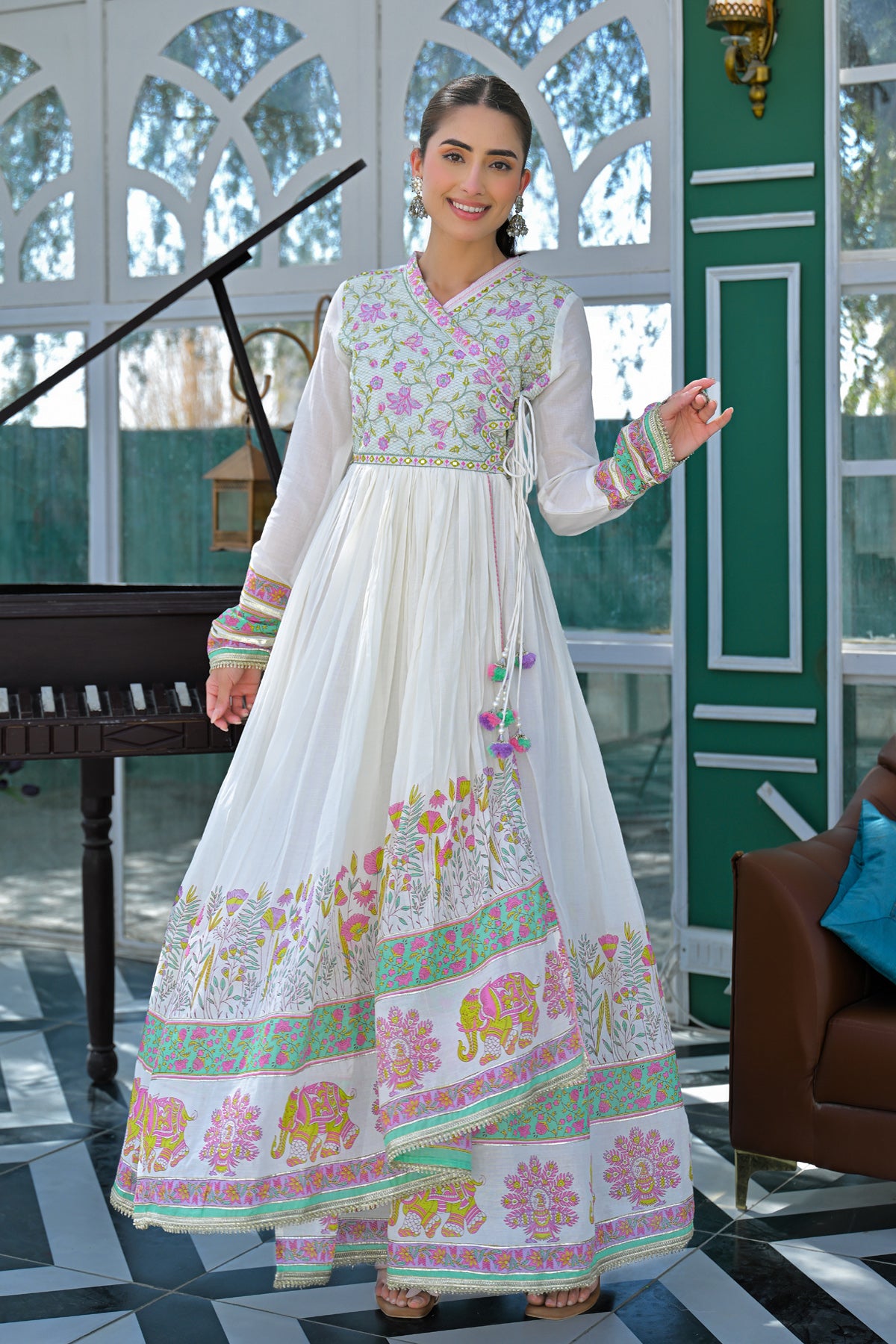 Green Mul Mul Embroidered Gown Set