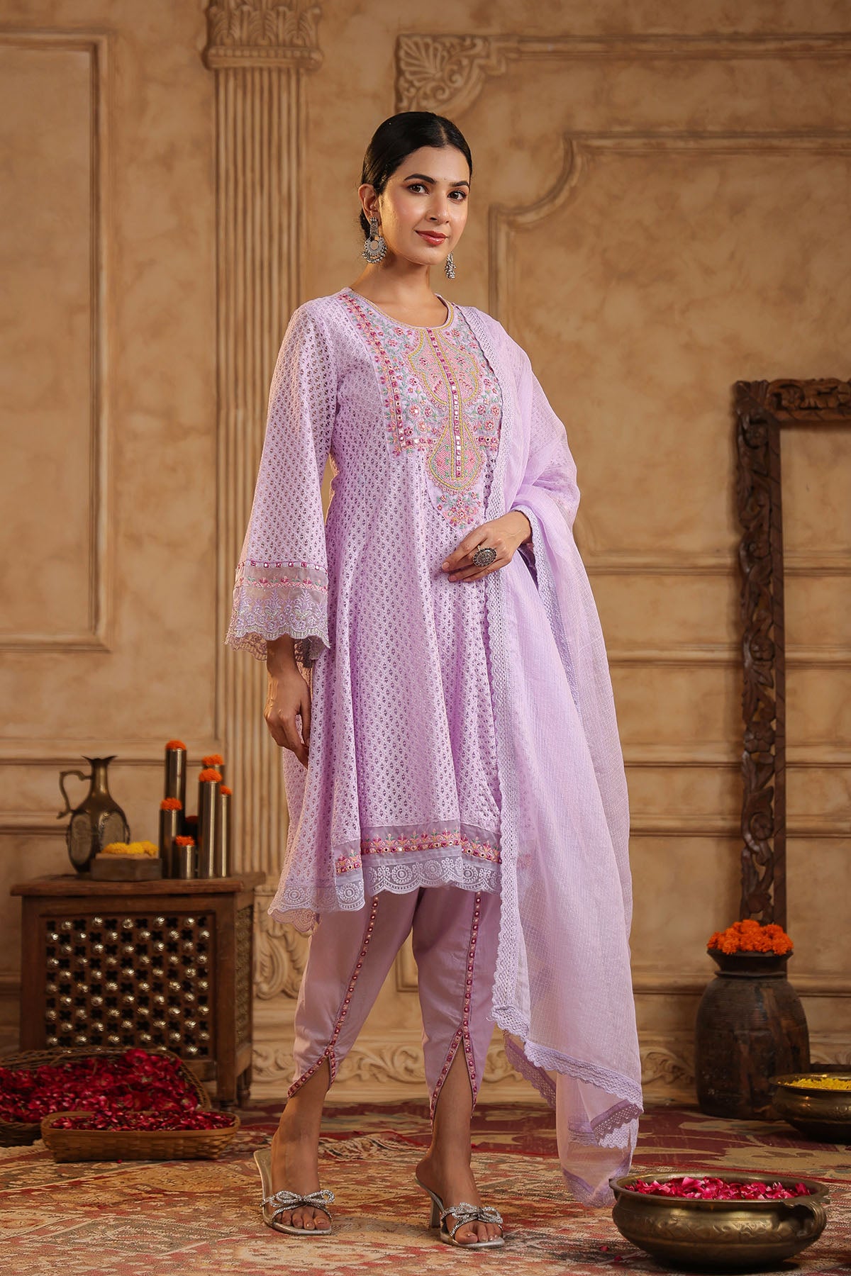 Lavender Schiffli Net Embroidered Anarkali Suit