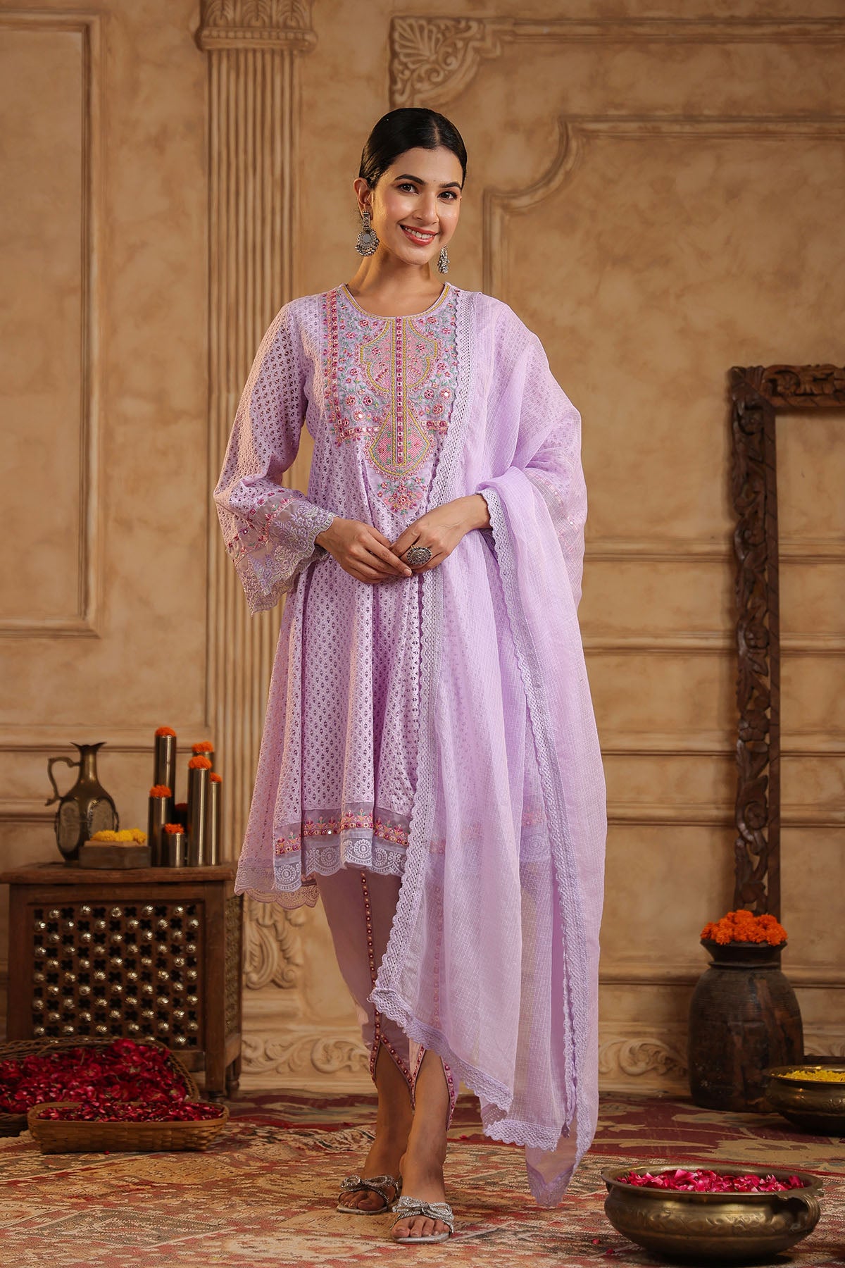Lavender Schiffli Net Embroidered Anarkali Suit