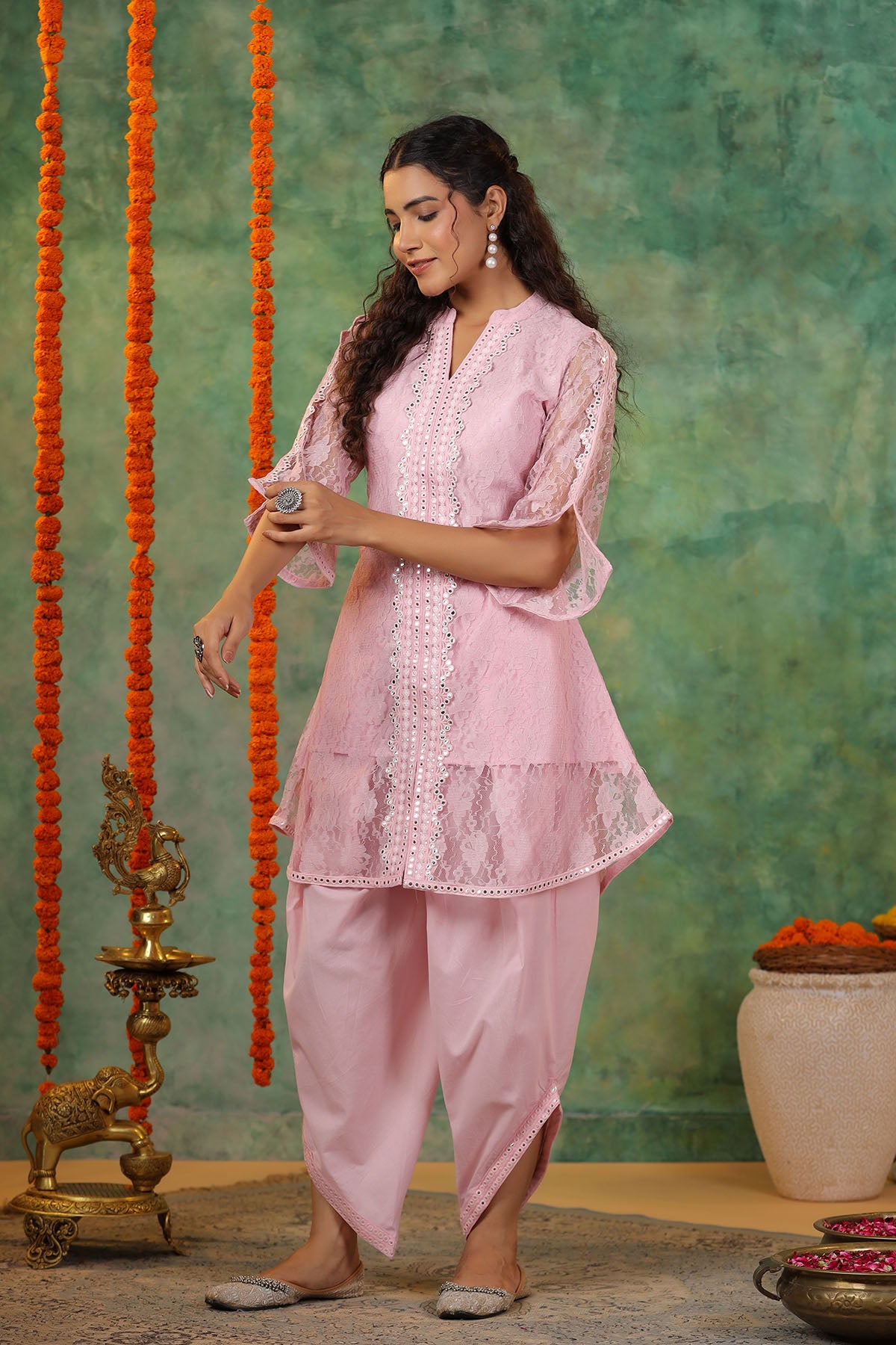 Pink Schiffli Net Embroidered Co-Ord Set