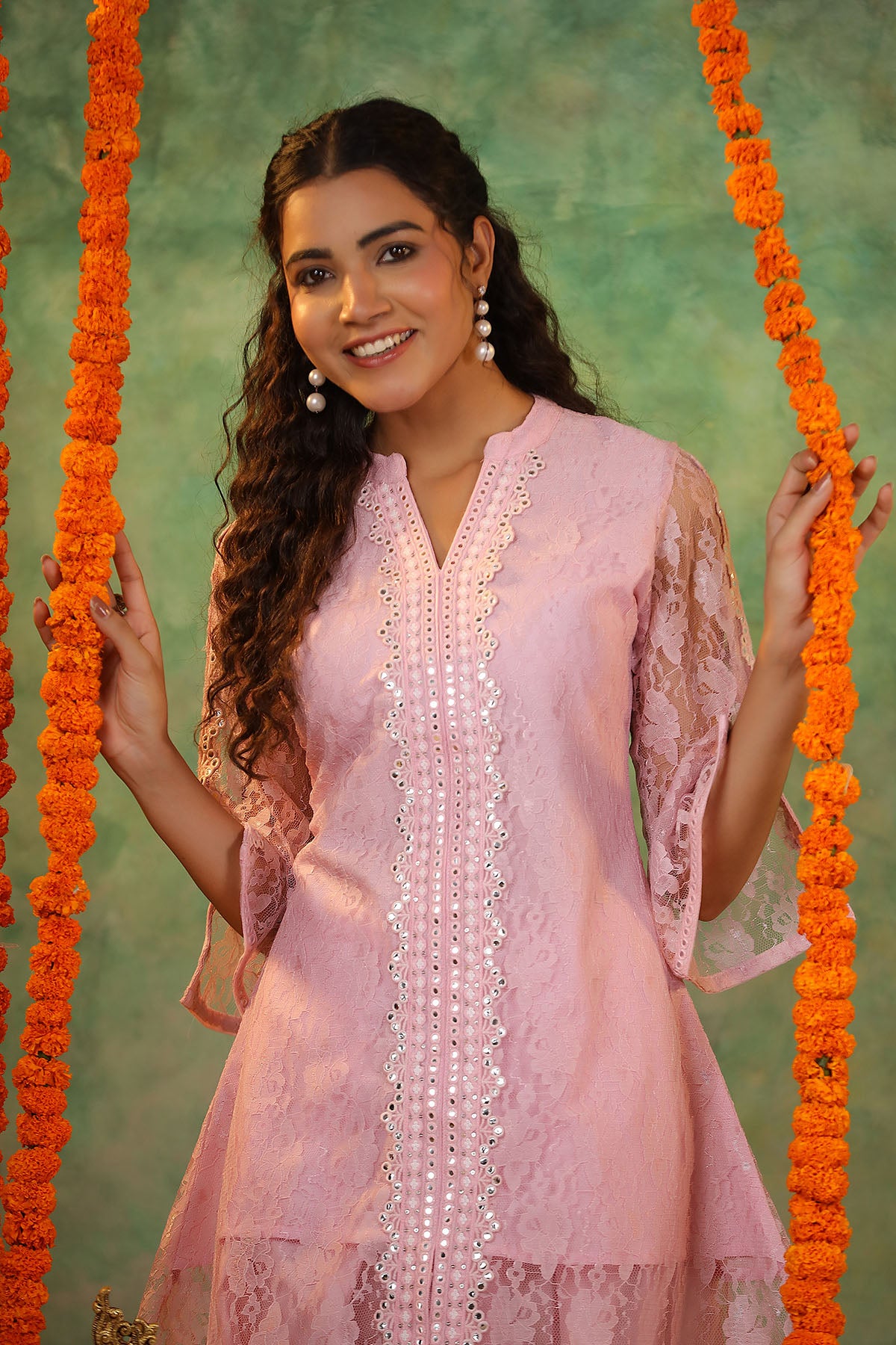 Pink Schiffli Net Embroidered Co-Ord Set