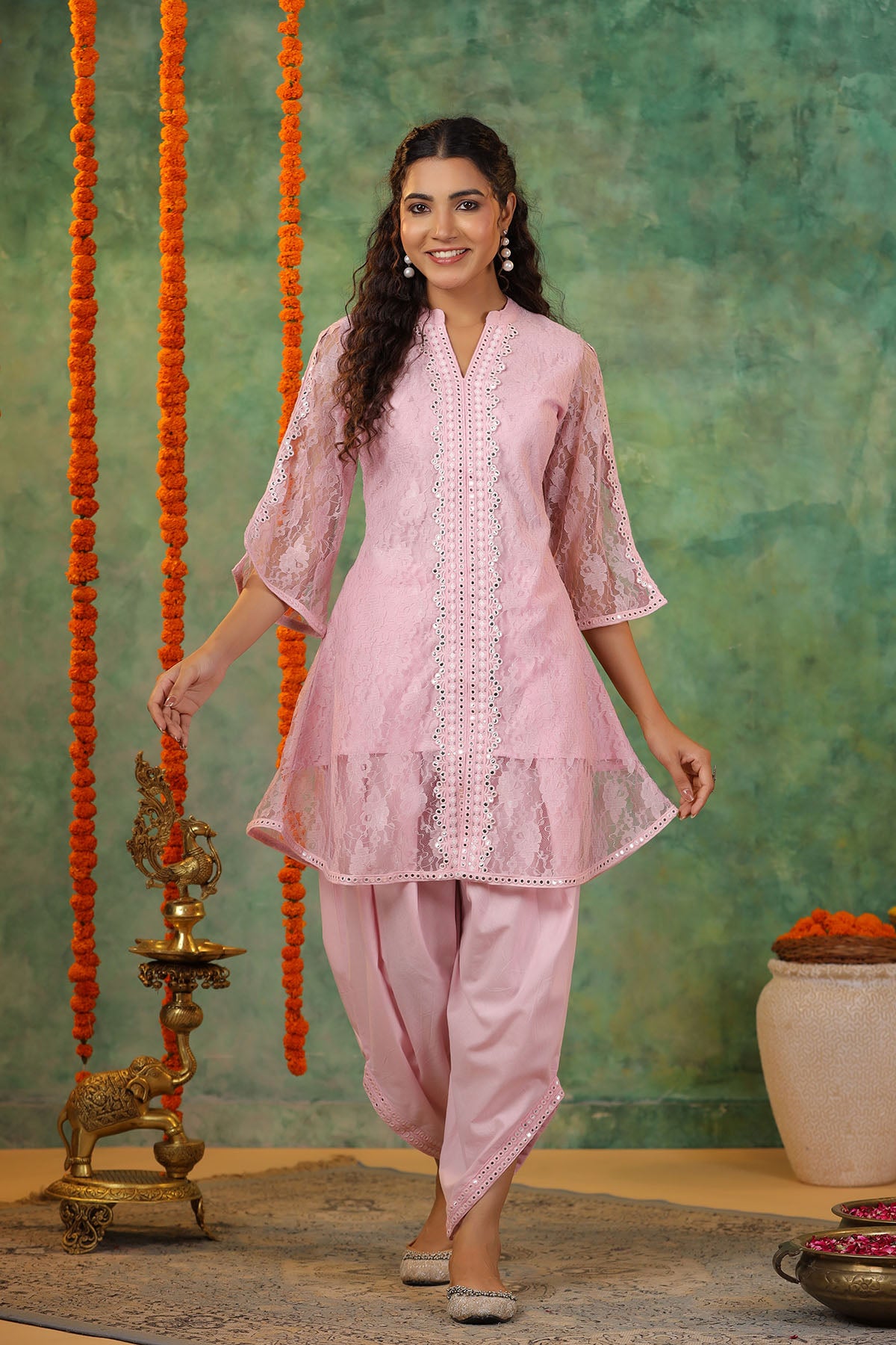 Pink Schiffli Net Embroidered Co-Ord Set