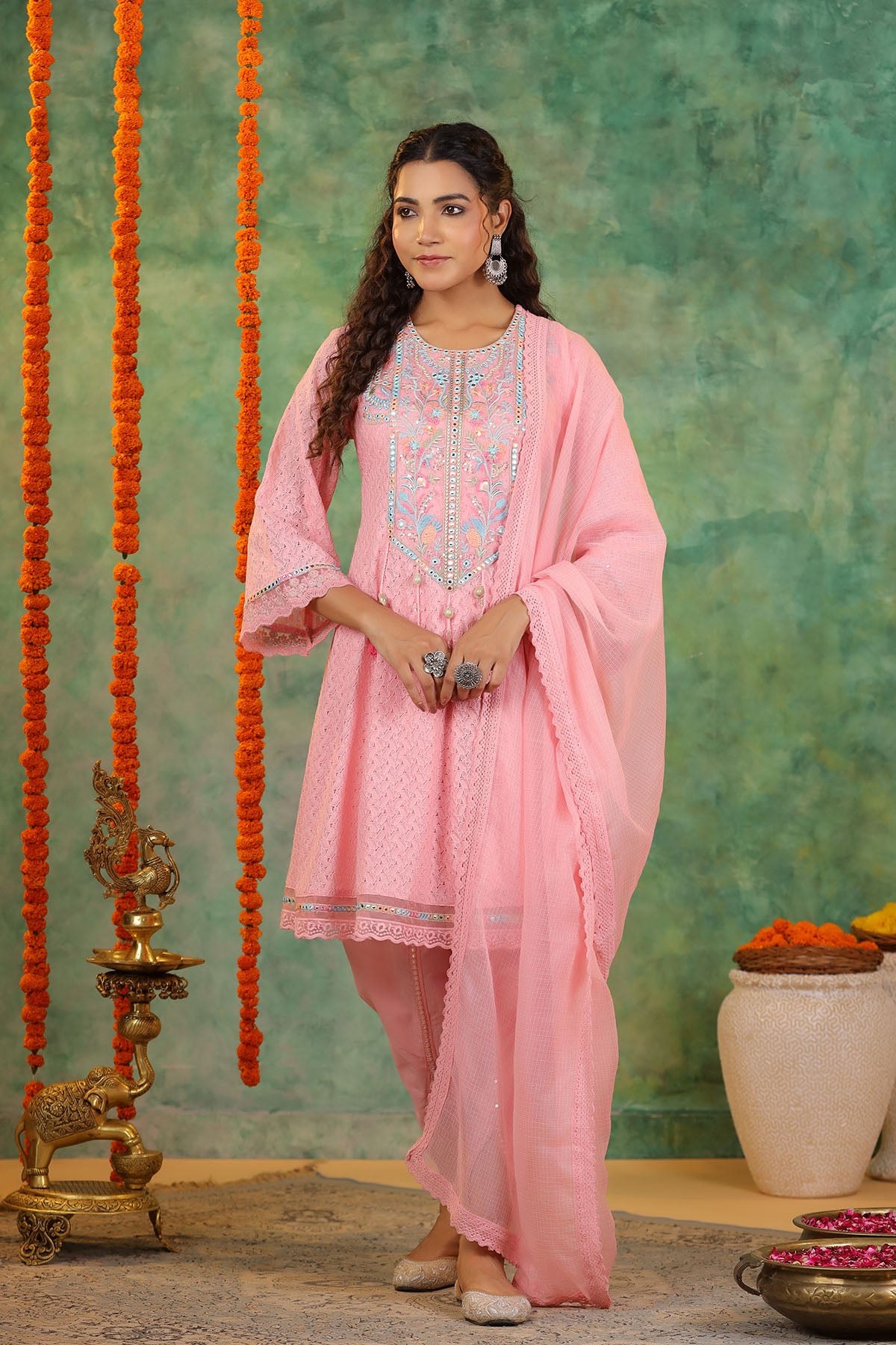 Peach Schiffli Net Embroidered Anarkali Suit