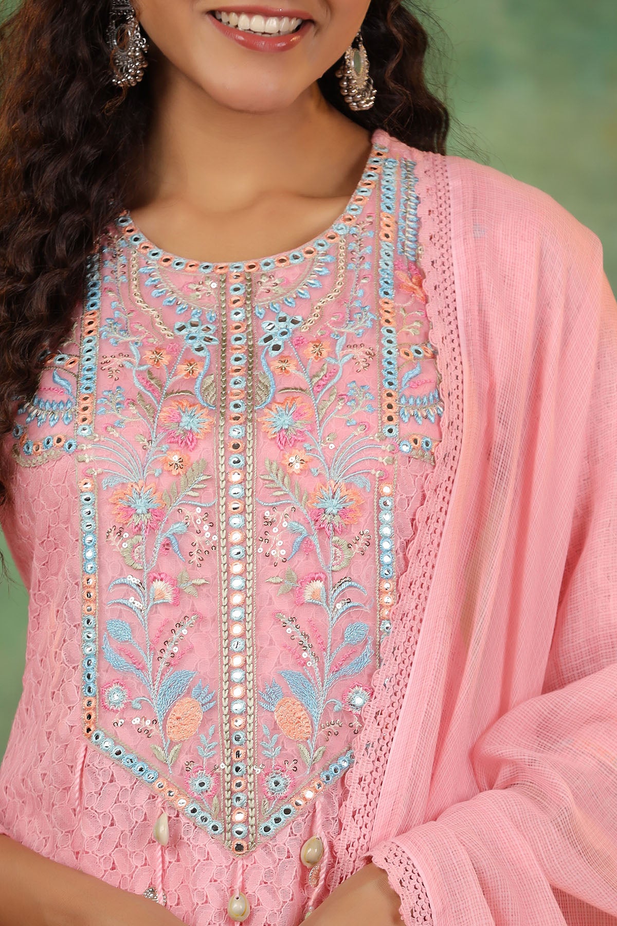 Peach Schiffli Net Embroidered Anarkali Suit
