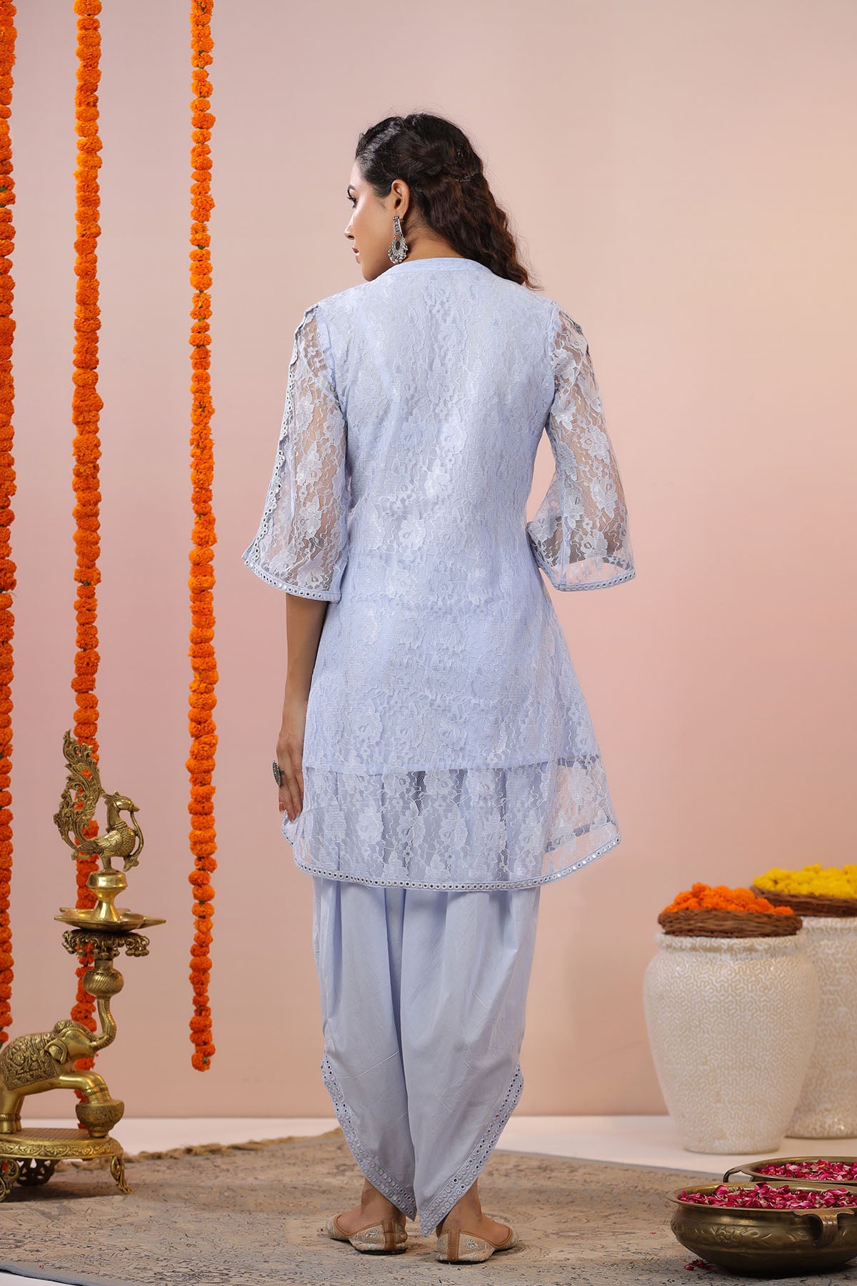 Blue Schiffli Net Embroidered Co-Ord Set