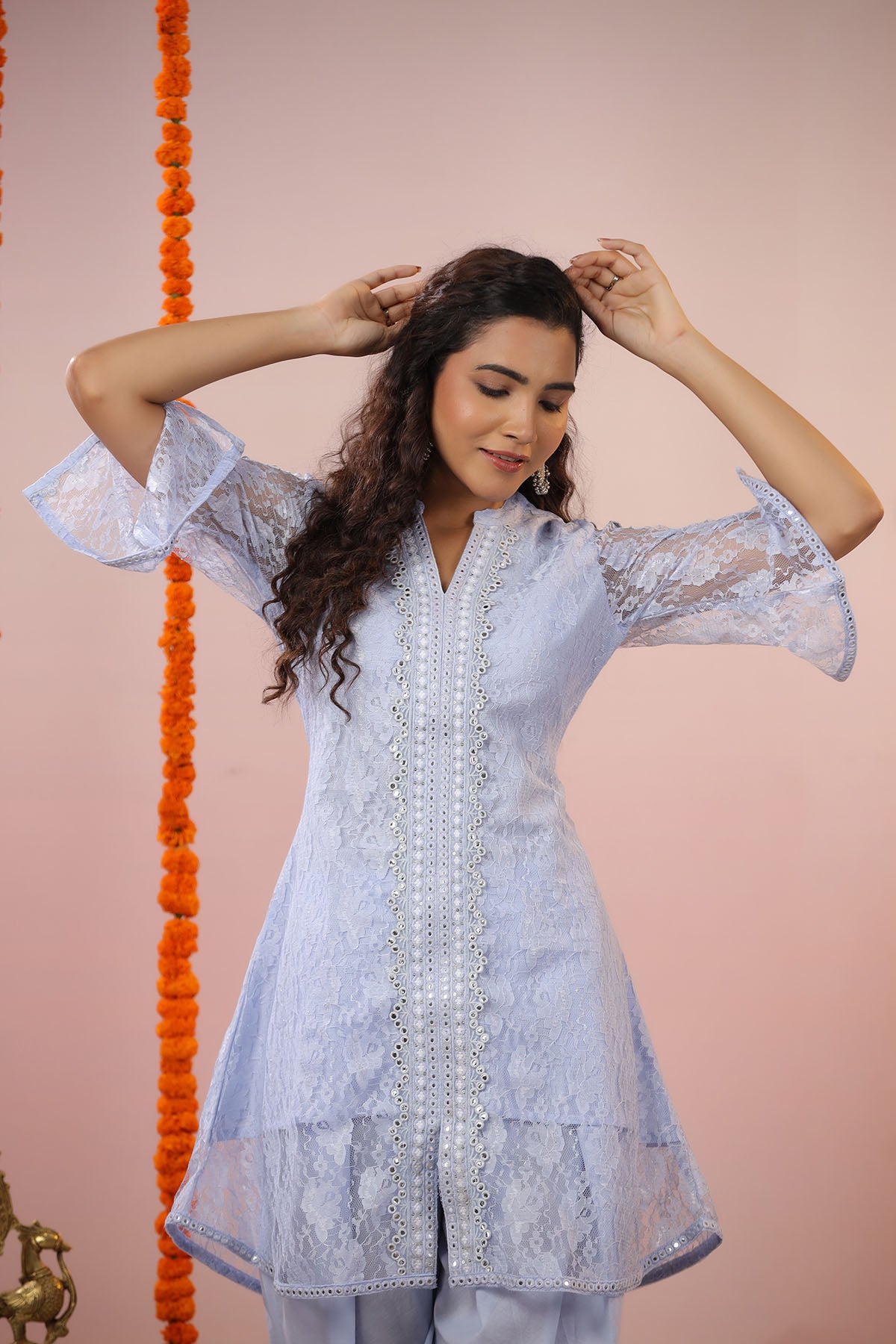Blue Schiffli Net Embroidered Co-Ord Set