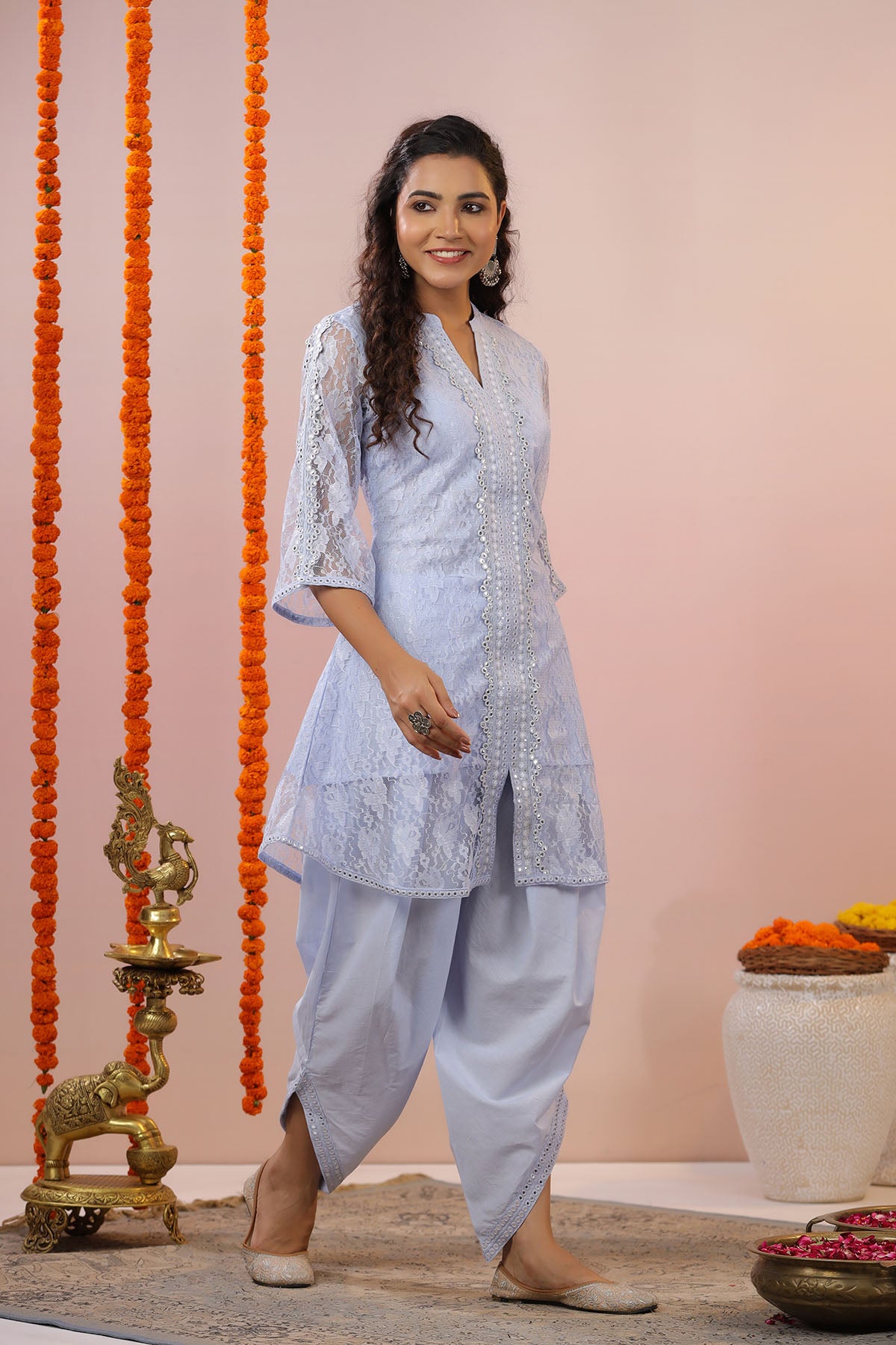 Blue Schiffli Net Embroidered Co-Ord Set