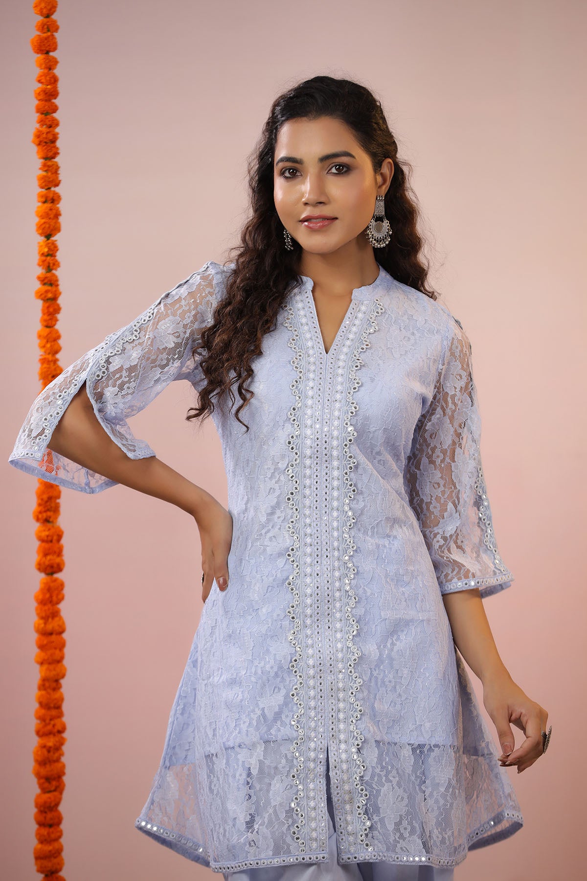 Blue Schiffli Net Embroidered Co-Ord Set