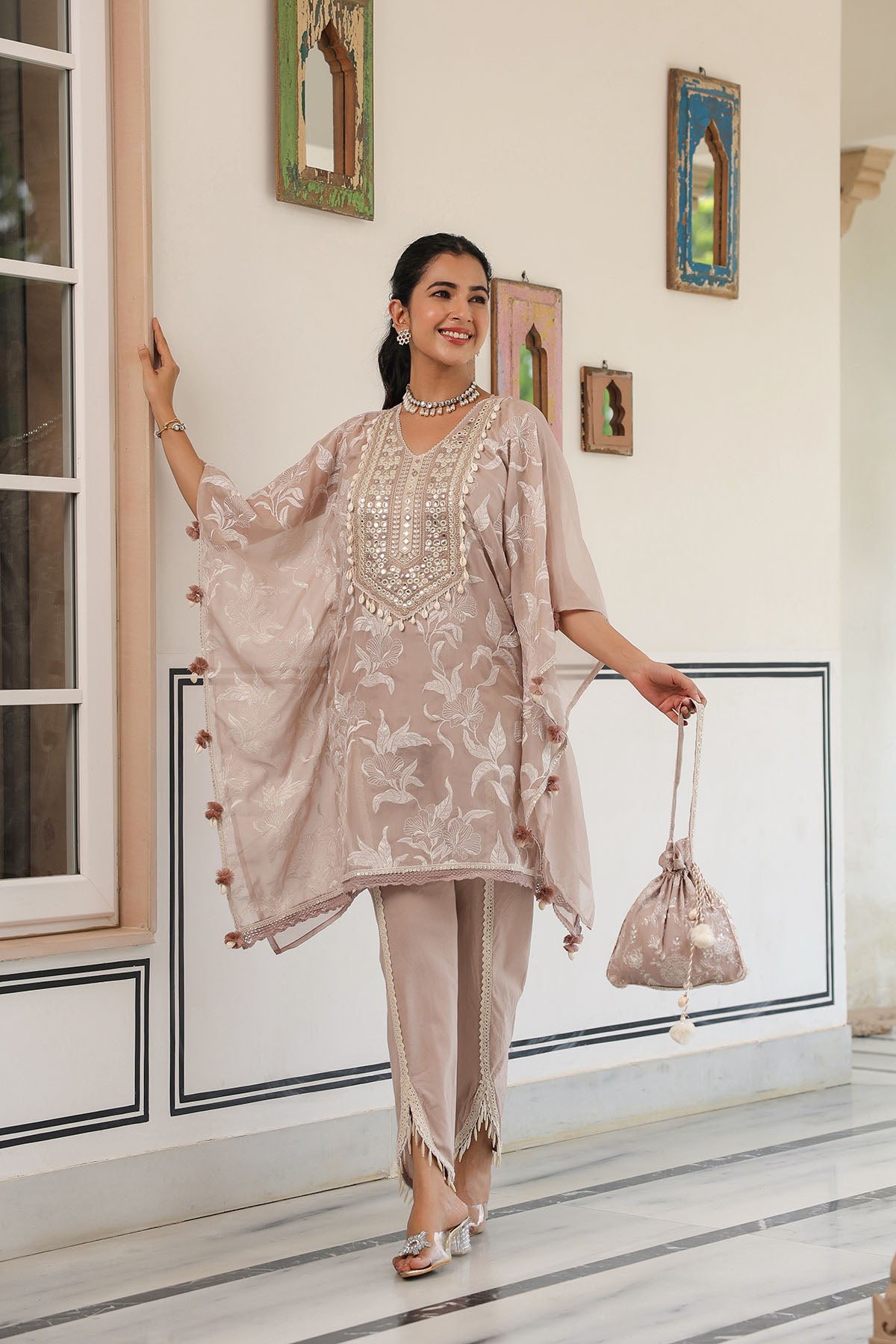 Brown Organza Embroidered Kaftan Set With Potli Bag