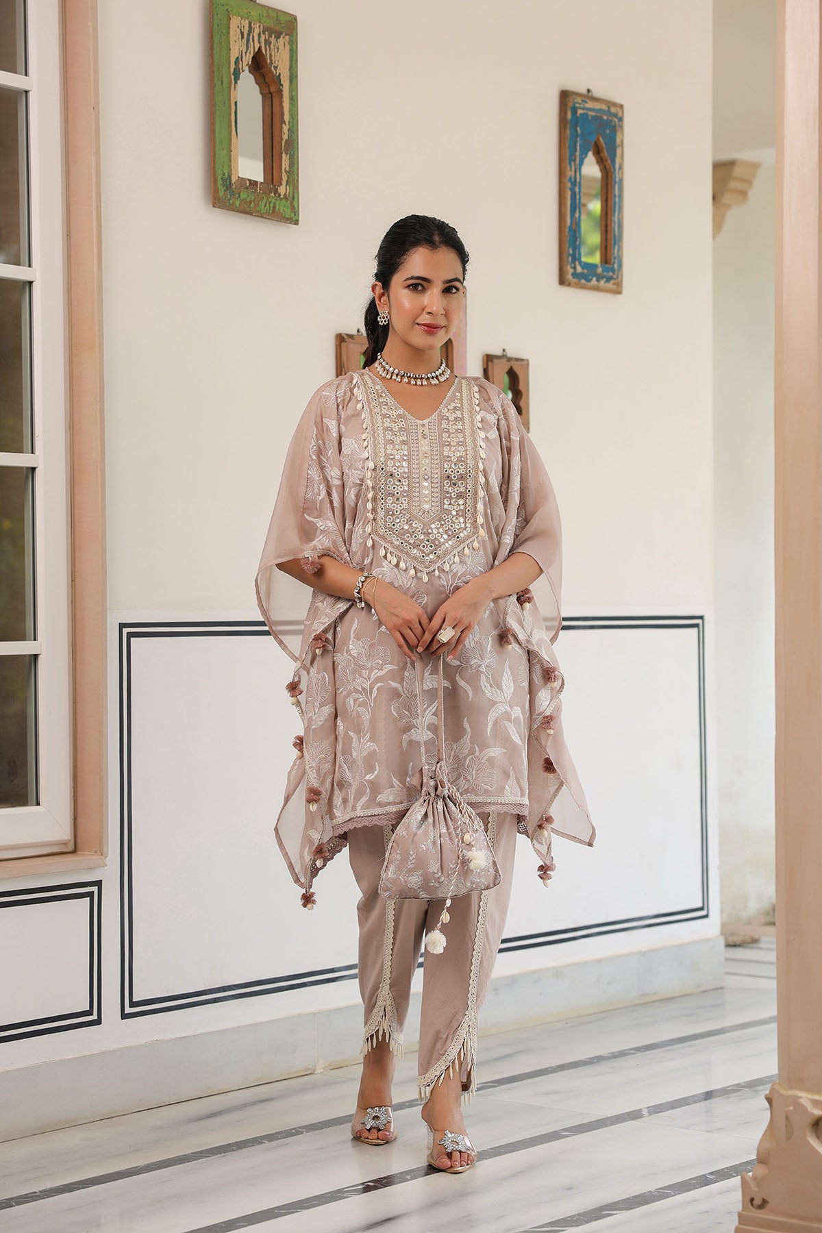 Brown Organza Embroidered Kaftan Set With Potli Bag