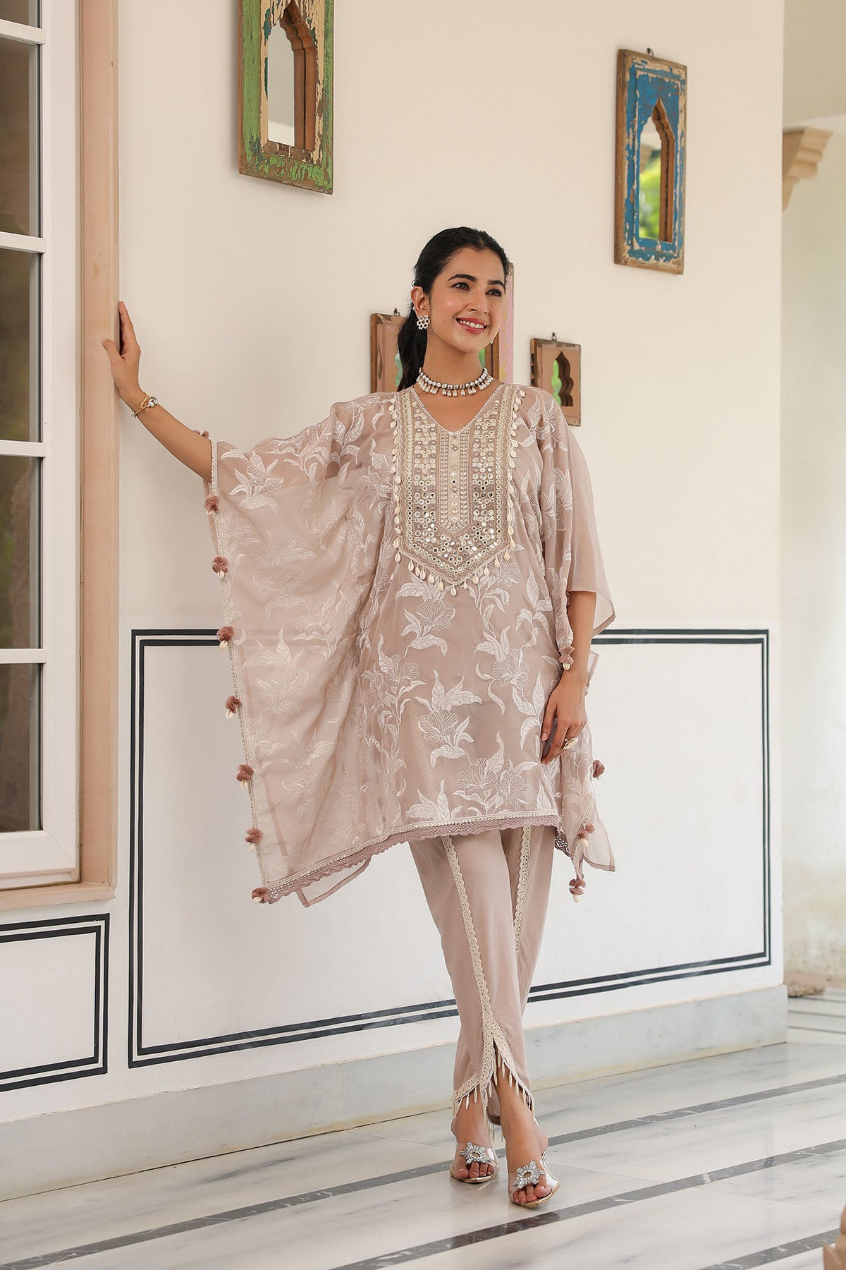 Brown Organza Embroidered Kaftan Set With Potli Bag