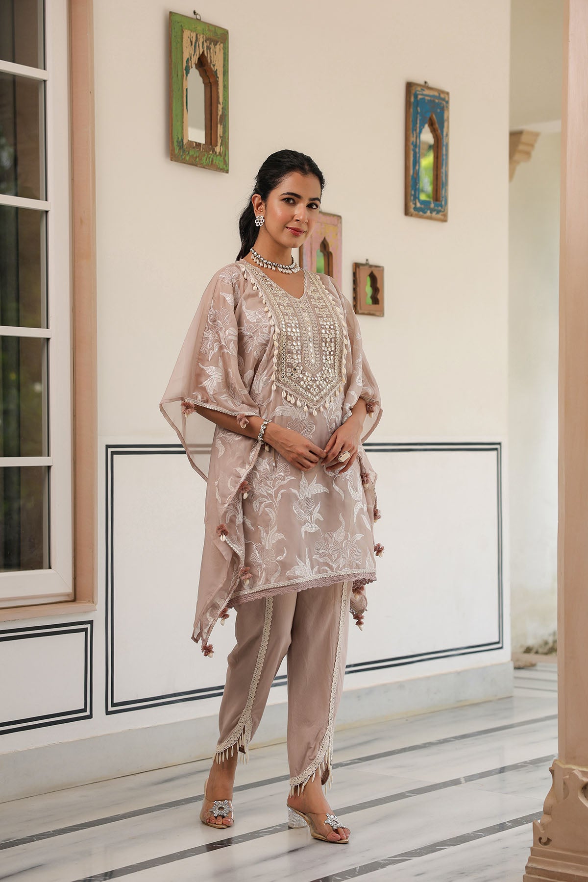 Brown Organza Embroidered Kaftan Set With Potli Bag