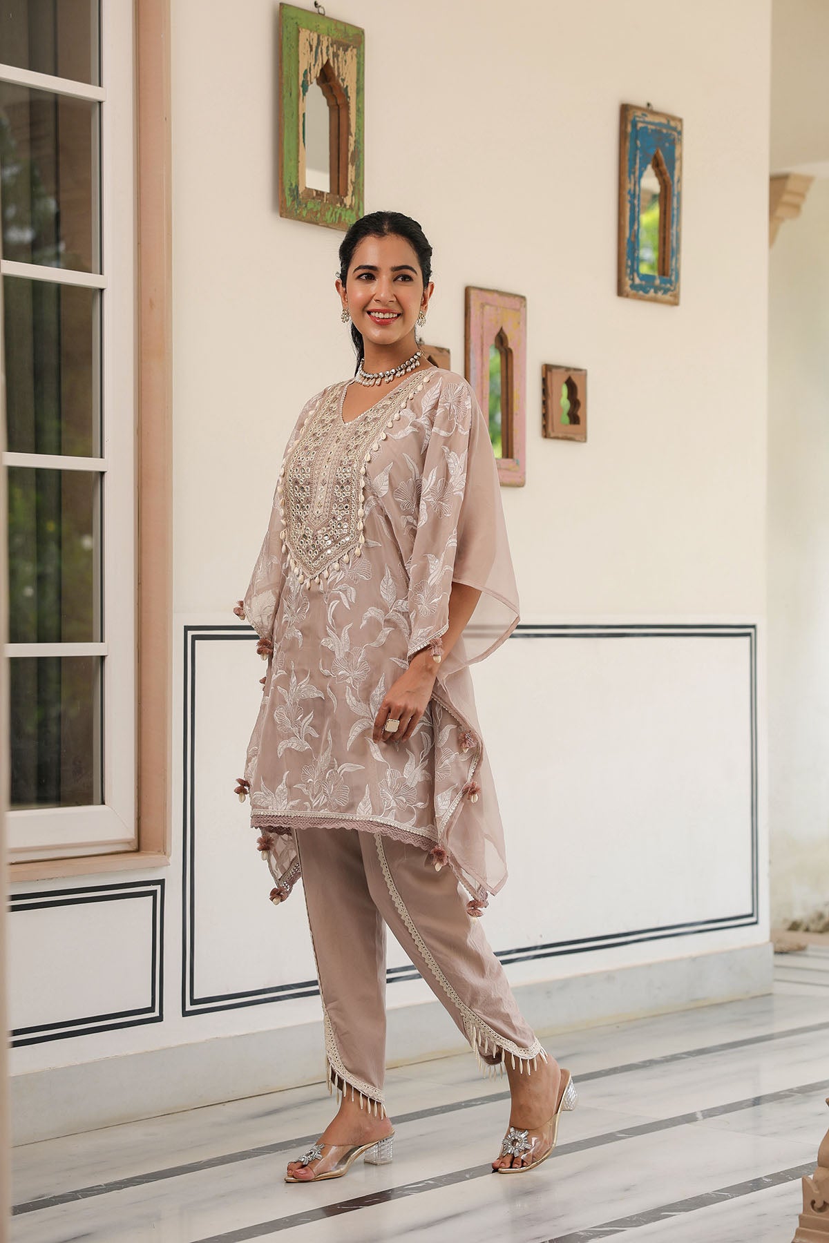 Brown Organza Embroidered Kaftan Set With Potli Bag