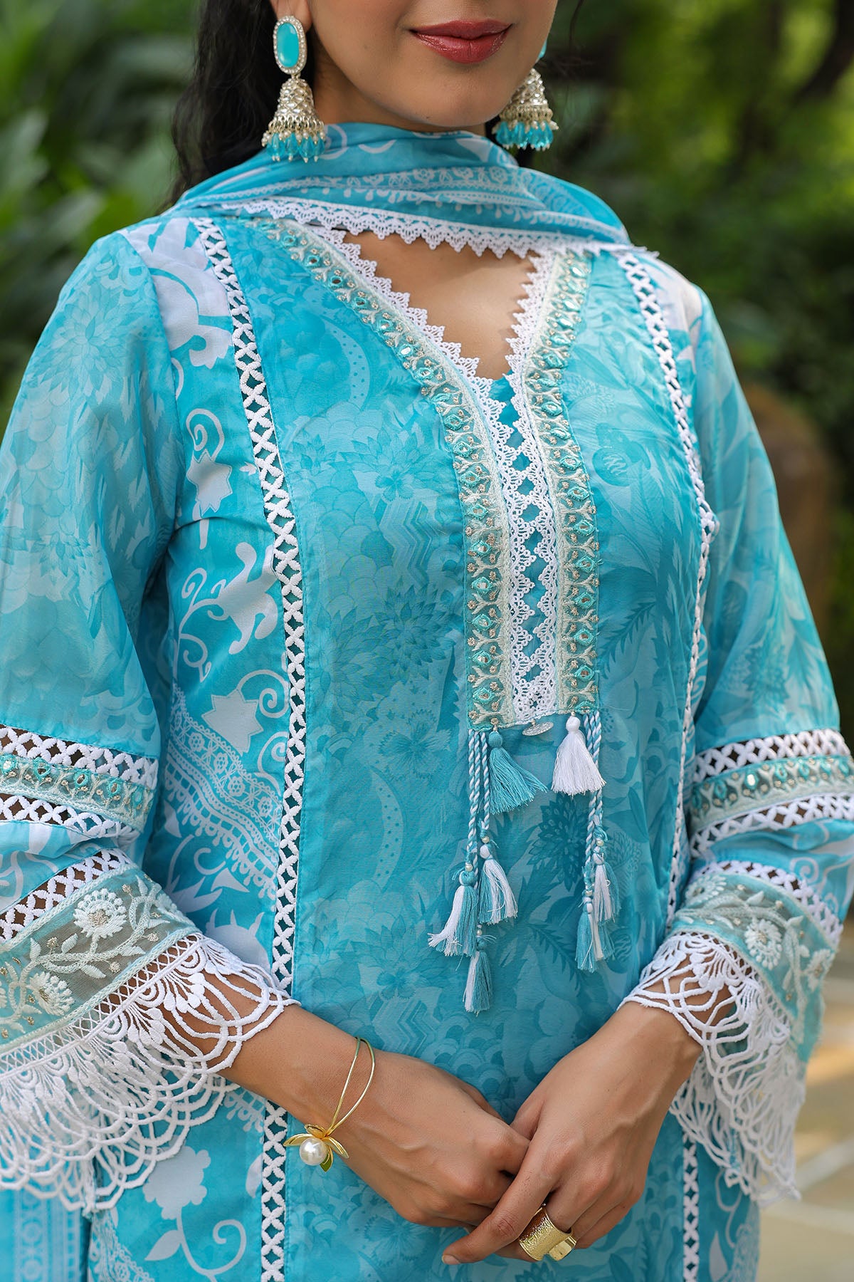 Blue Organza Lacework Straight Suit