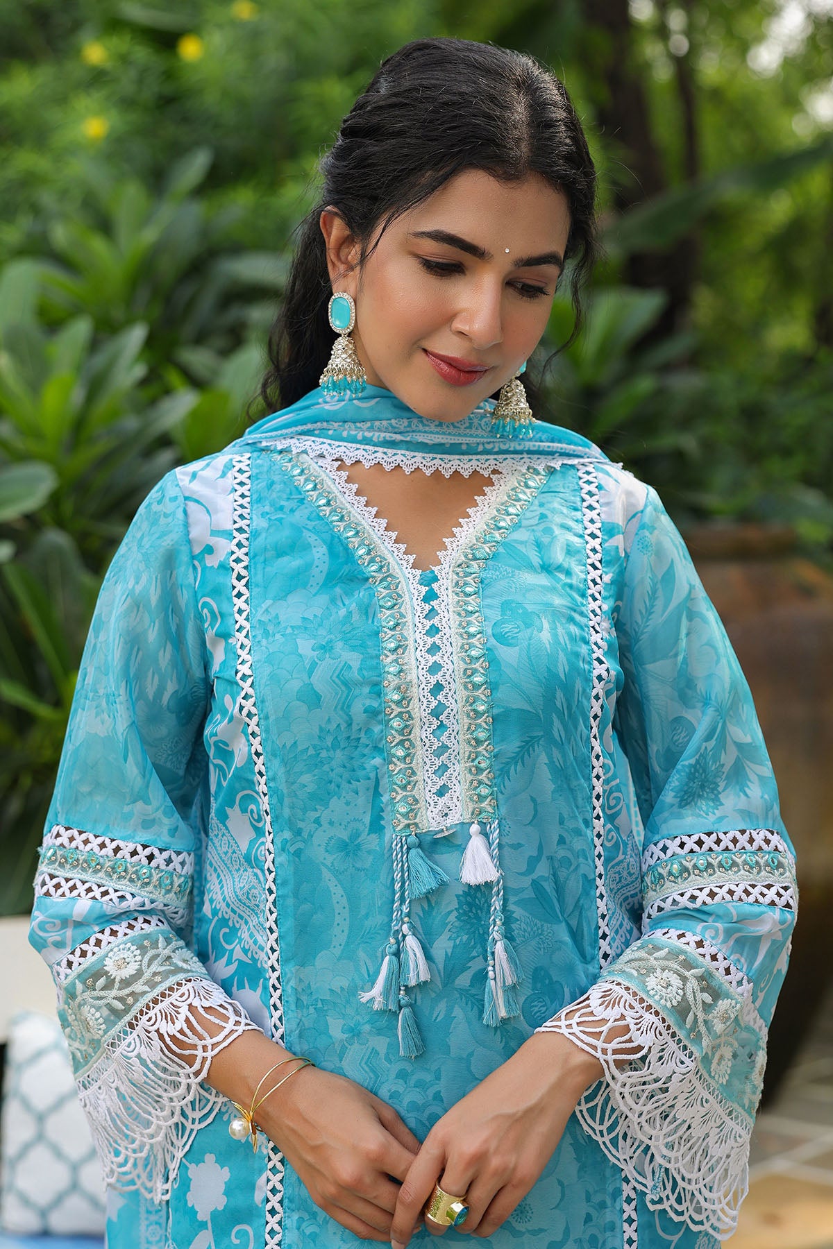 Blue Organza Lacework Straight Suit