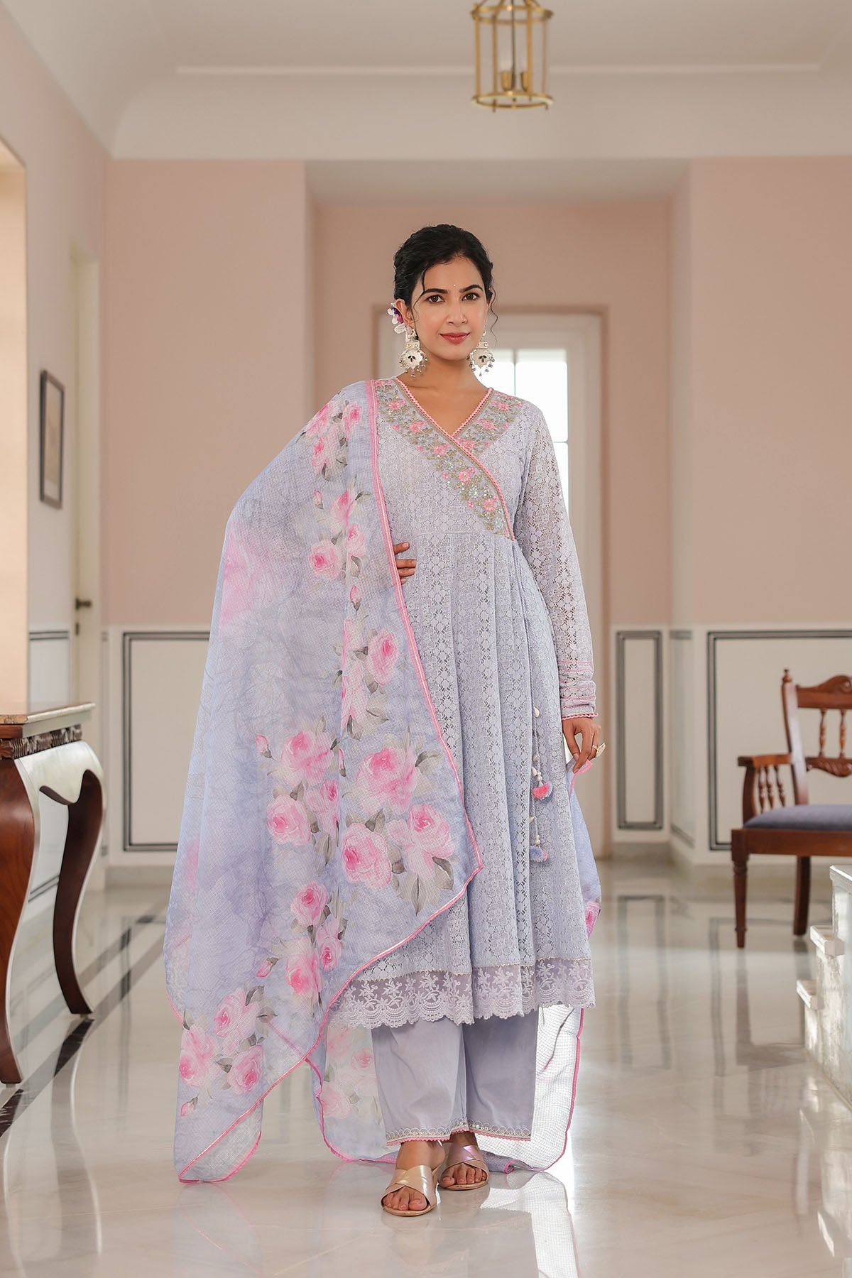 Sky Blue Schiffli Net Embroidered Anarkali Suit