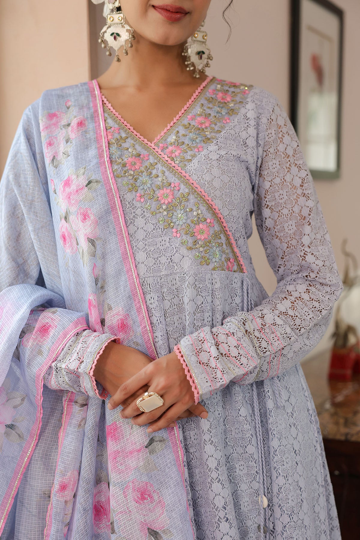 Sky Blue Schiffli Net Embroidered Anarkali Suit