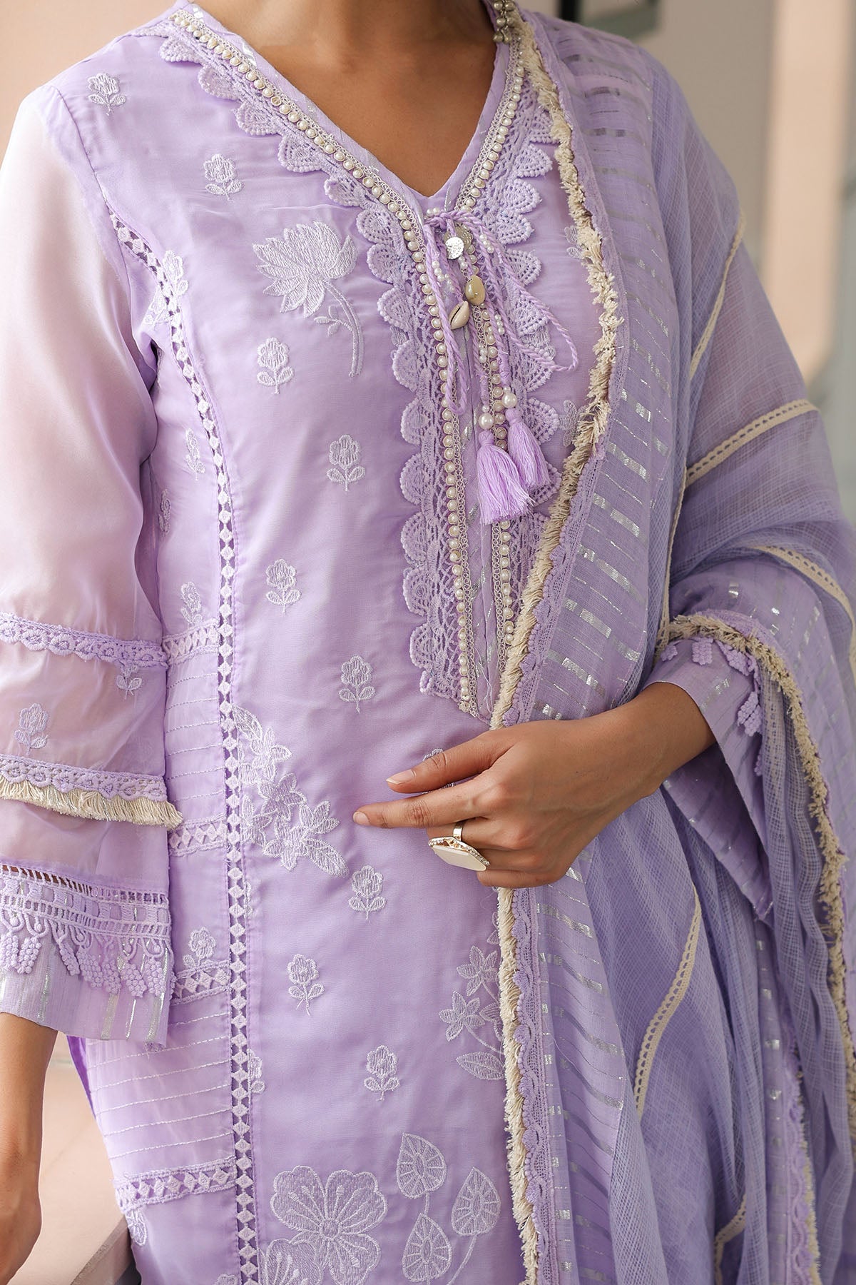Lavender Organza Embroidered Straight Suit
