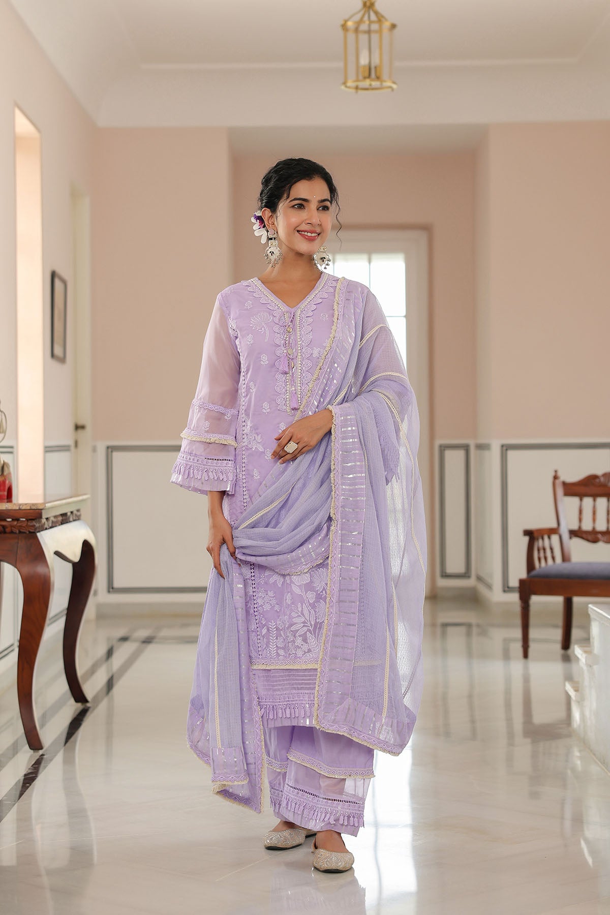 Lavender Organza Embroidered Straight Suit