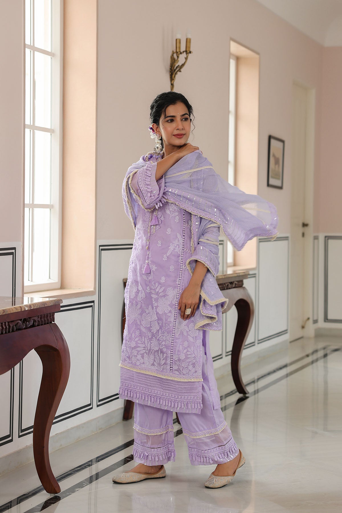 Lavender Organza Embroidered Straight Suit