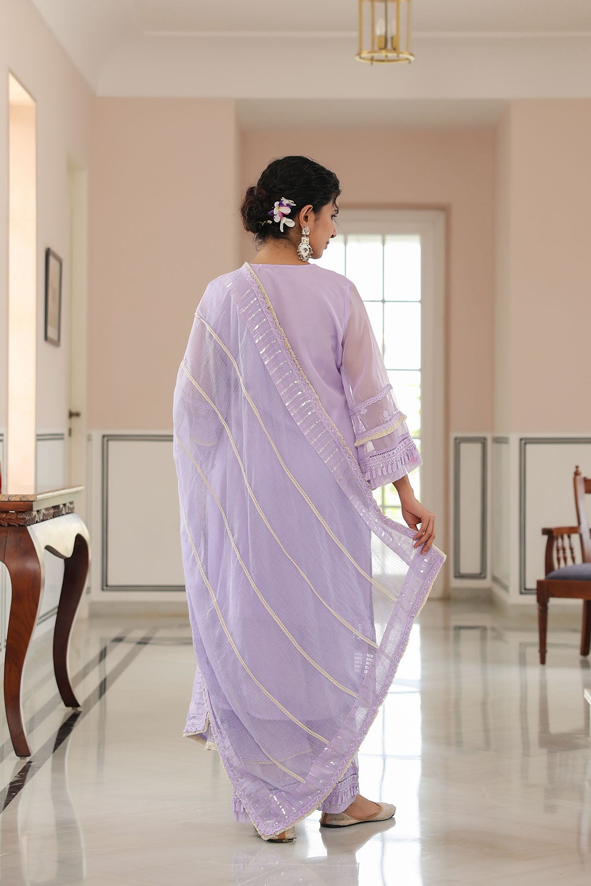Lavender Organza Embroidered Straight Suit